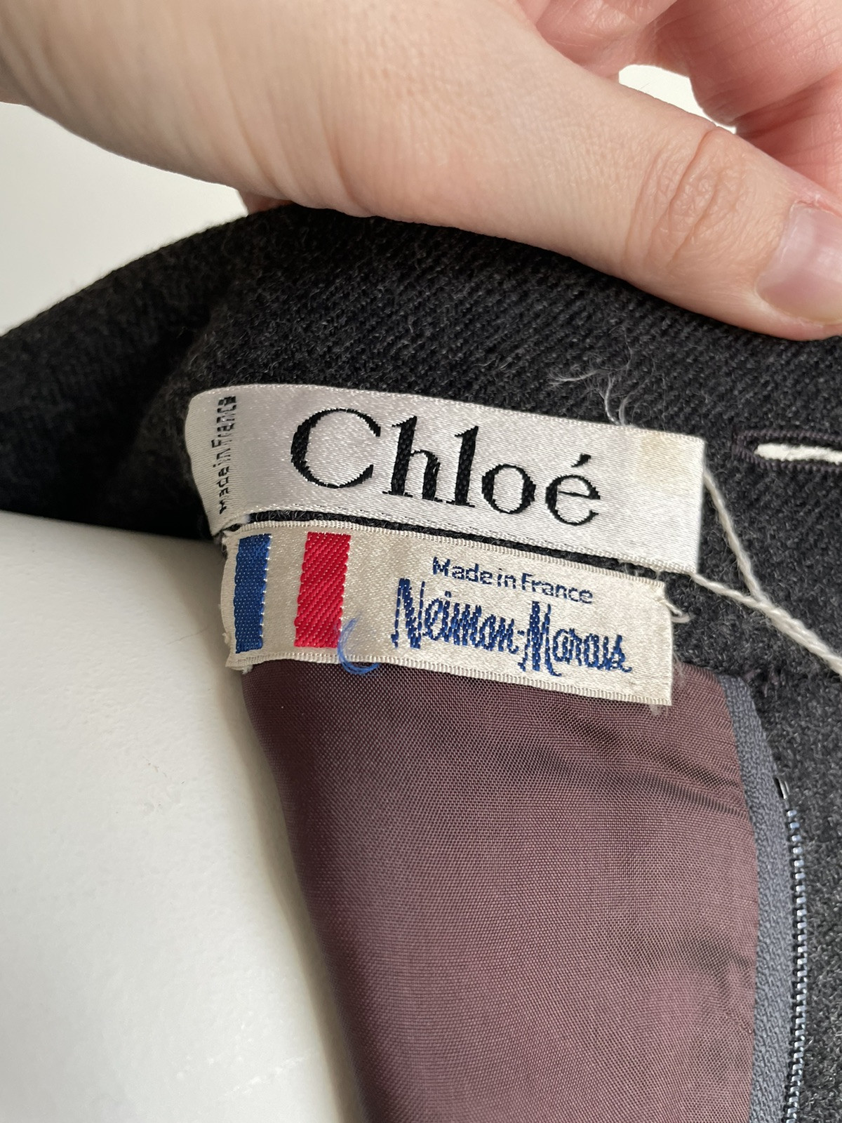 Vintage 1980s Chloe Gray Wool Dress Cross Front Buttons Shoulder Pads Size XS
