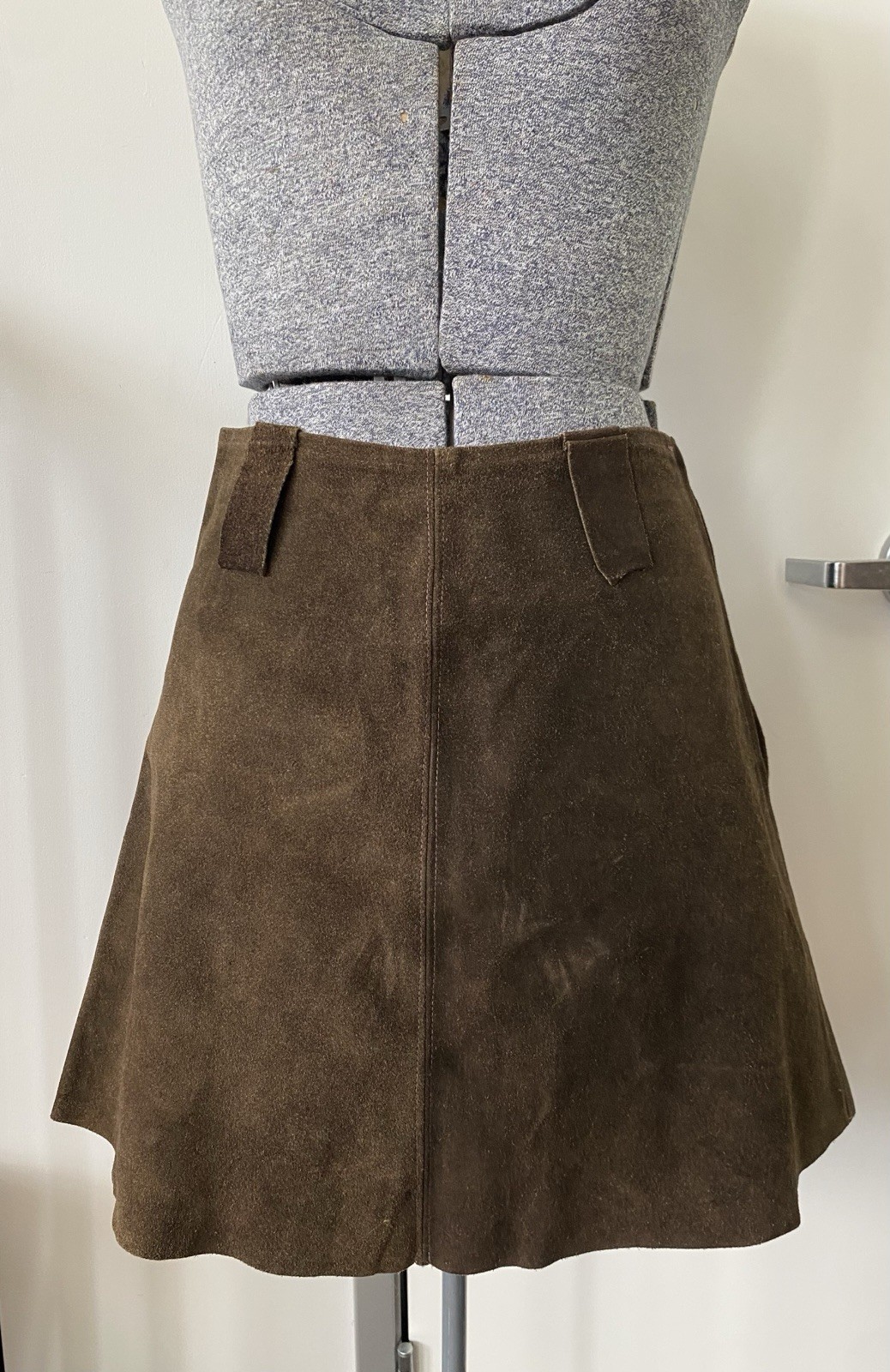 Vintage 1970s Chocolate Brown Suede Leather Mini Skirt Mod Gogo Boho Hippie