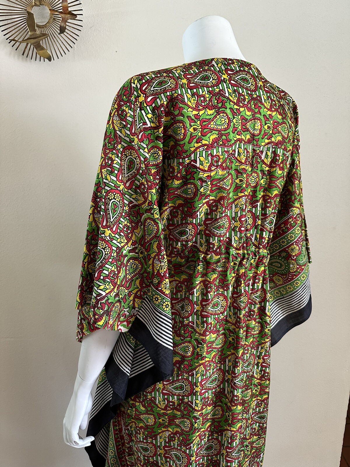 70s Handfabs Indian Block Print Caftan Dress Maxi Mumu Beach Cabana Pool 80s VTG
