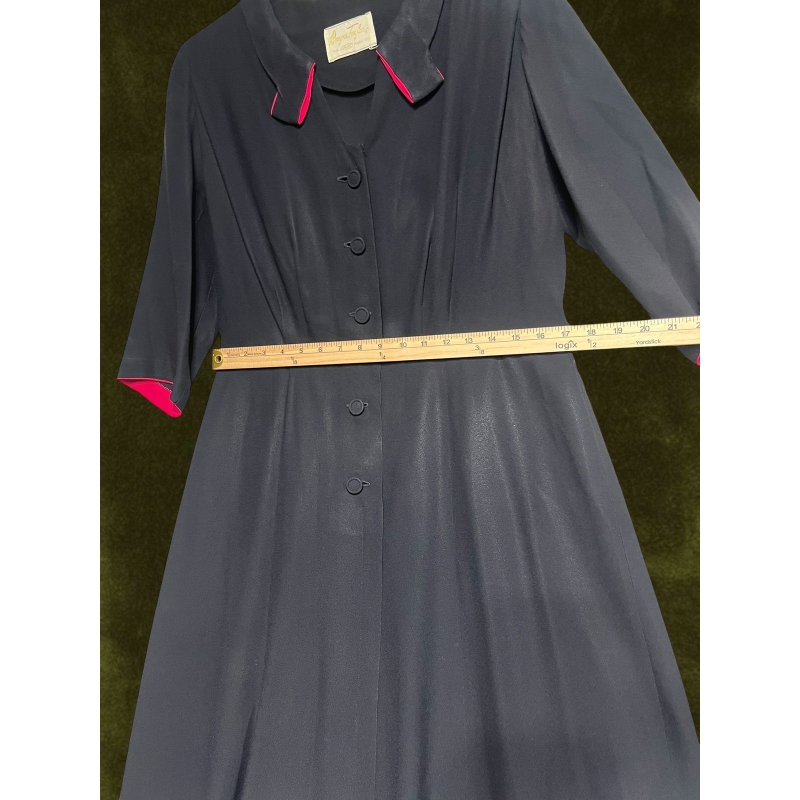 Vintage 1950s Rogers Taylor Navy Blue Fuchsia Pink Trim Fit Flare Dress Mid-Mod