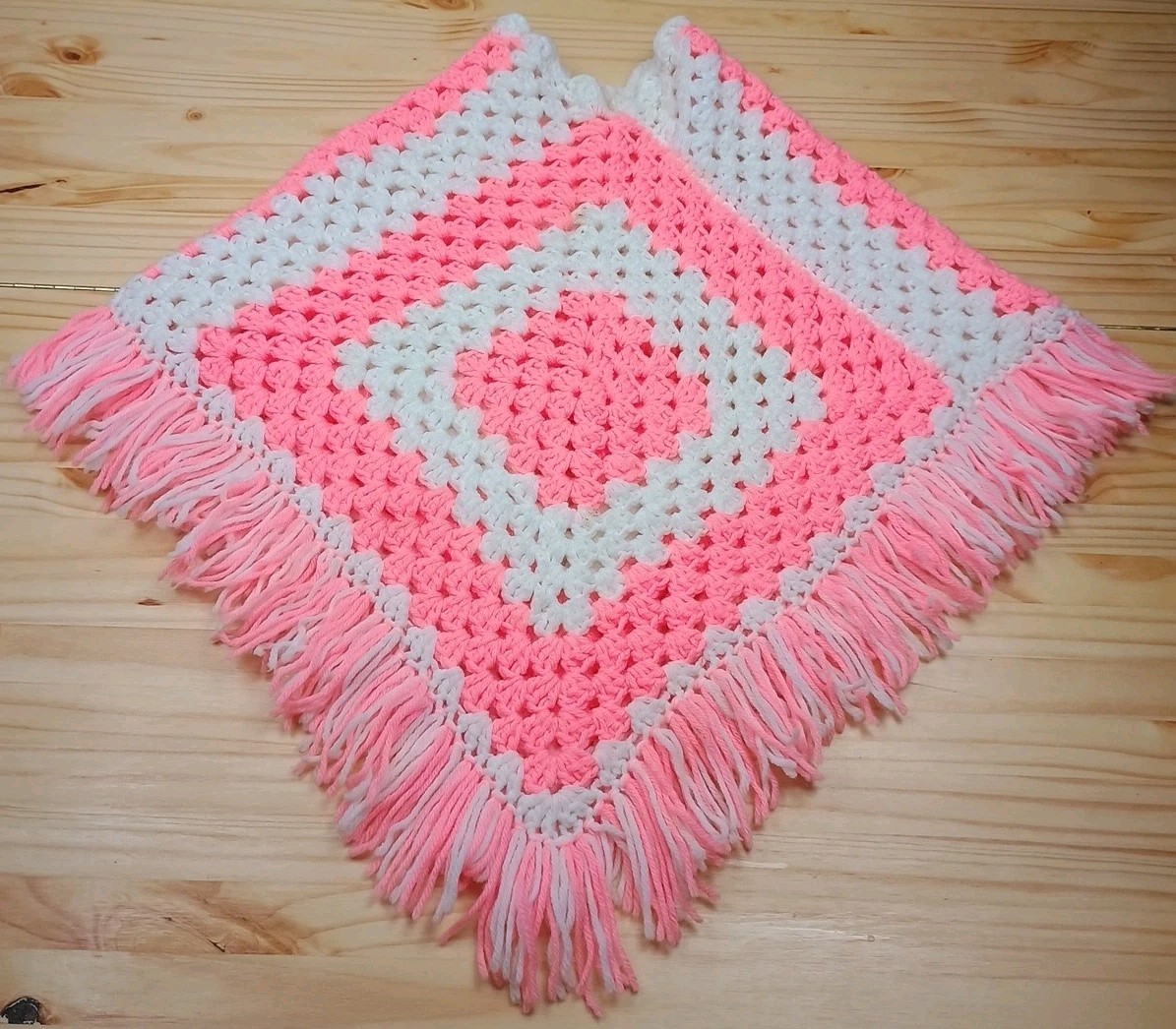 Hand Knit Granny Square Shawl, Cape, Wrap With Fringe Small Pink White Vintage