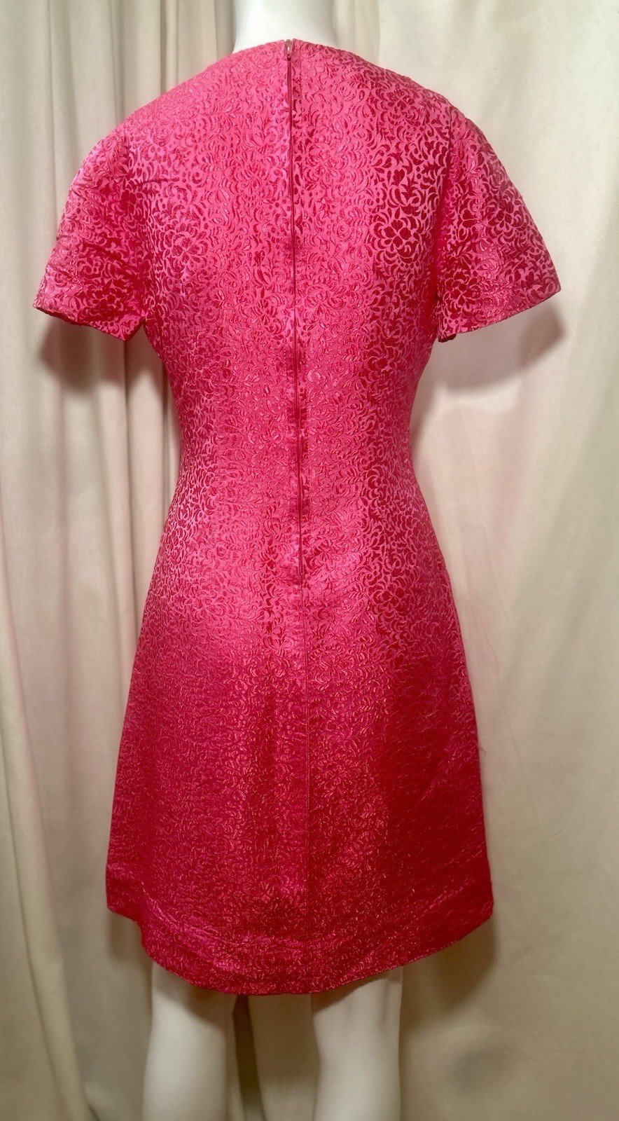 Vtg 50s 60s Handmade Hot Pink Jacquard Mod Go Go Cocktail Shift Mini Dress SZ S