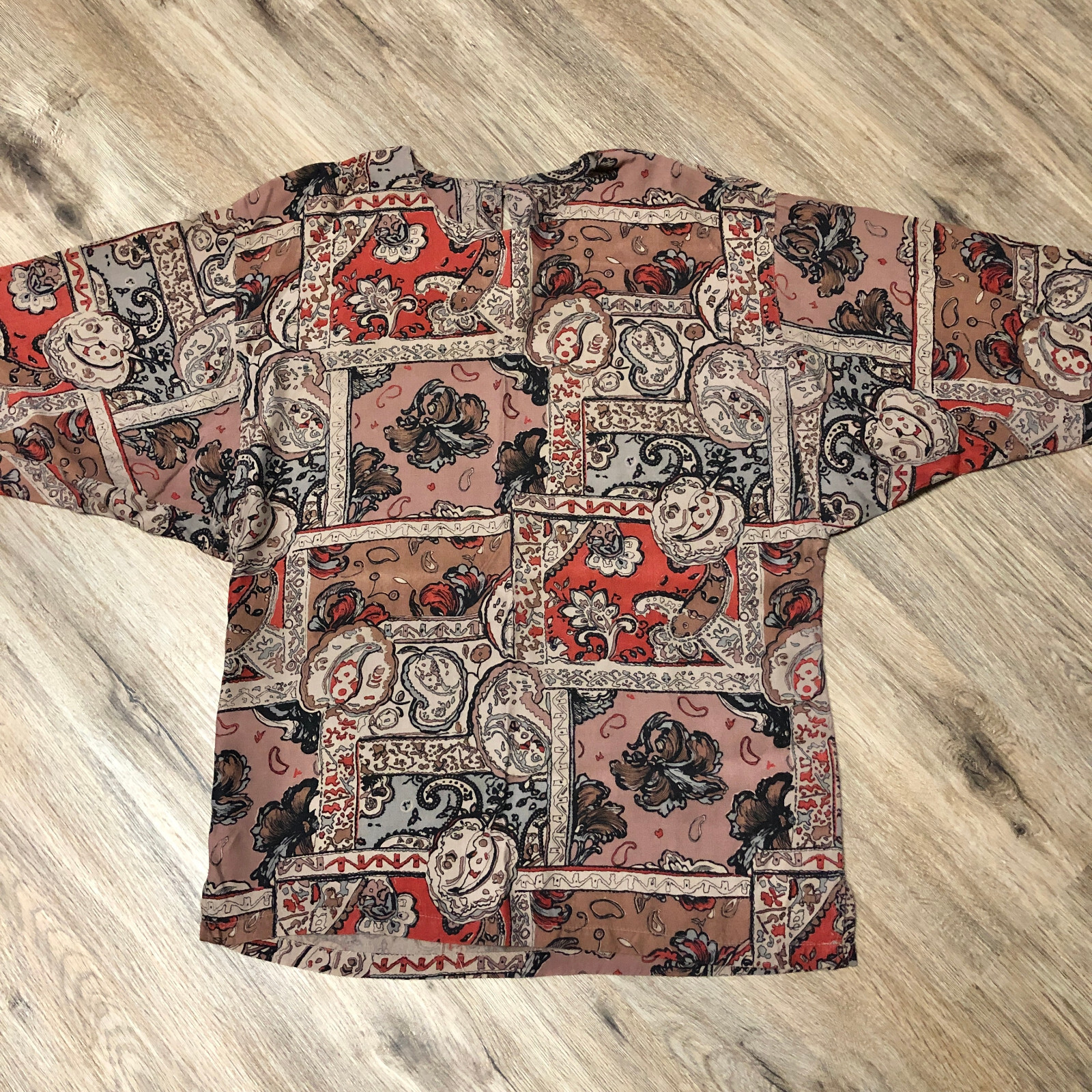 Vtg Paisley Persian Rug Print Batwing Dolman Sleeve Oversize Shirt Blouse Top S