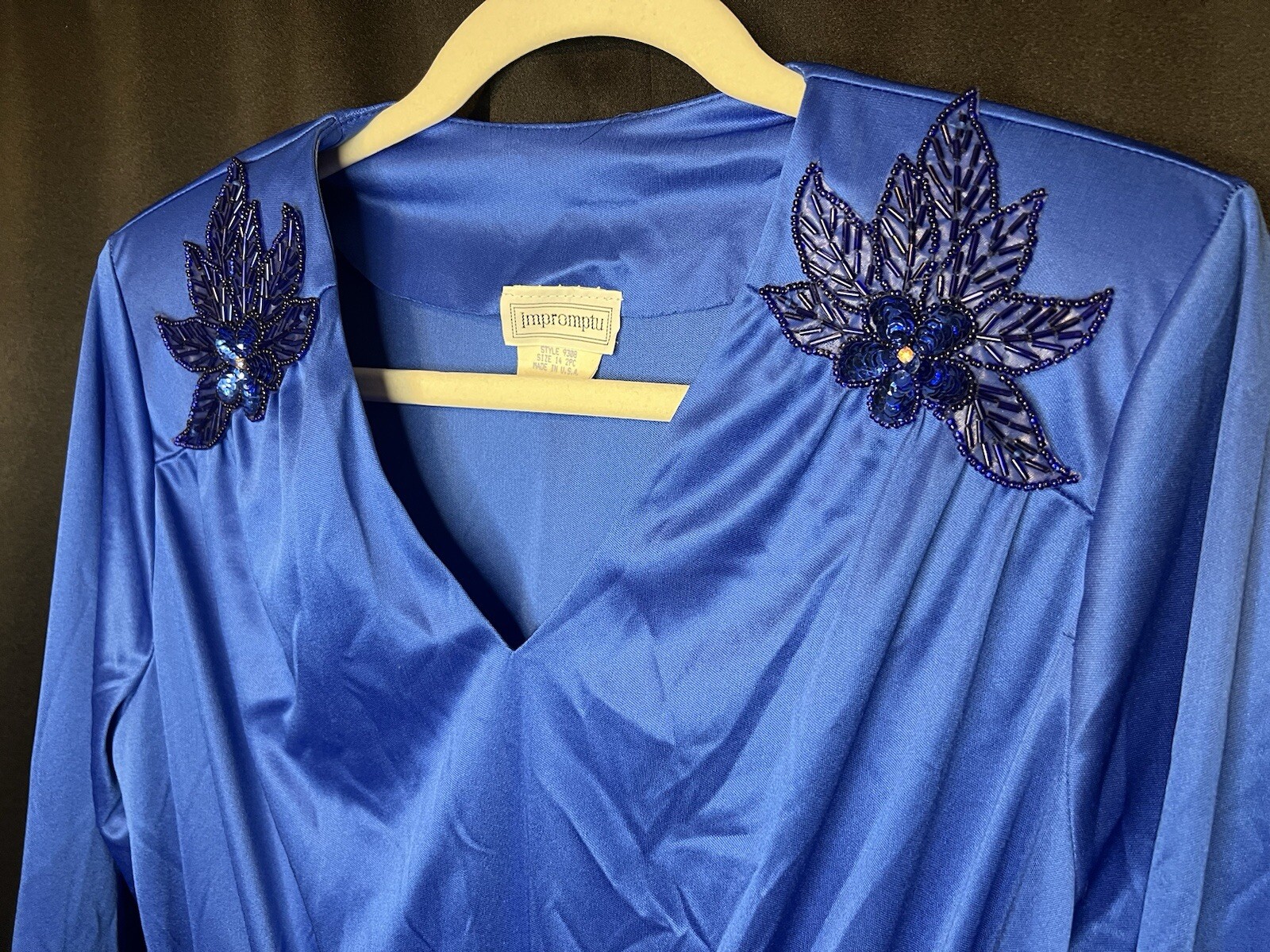 VTG Impromptu Belted Satin Chic Blue Dress Embellished Bejeweled Floral Accents
