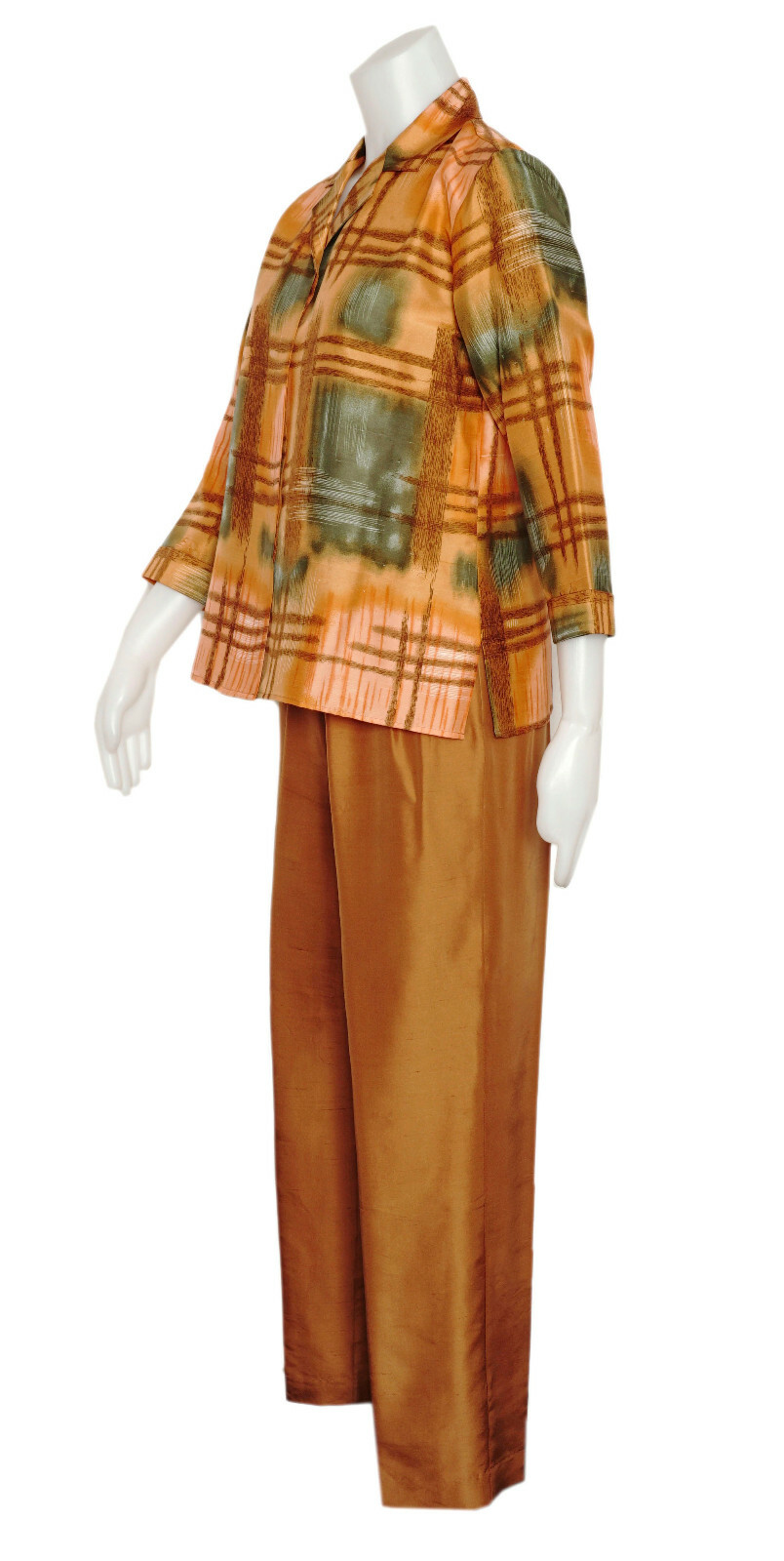 Retro Silk Blouse and Pant Set, Gold and Olive Green Print 2 Piece Size 6