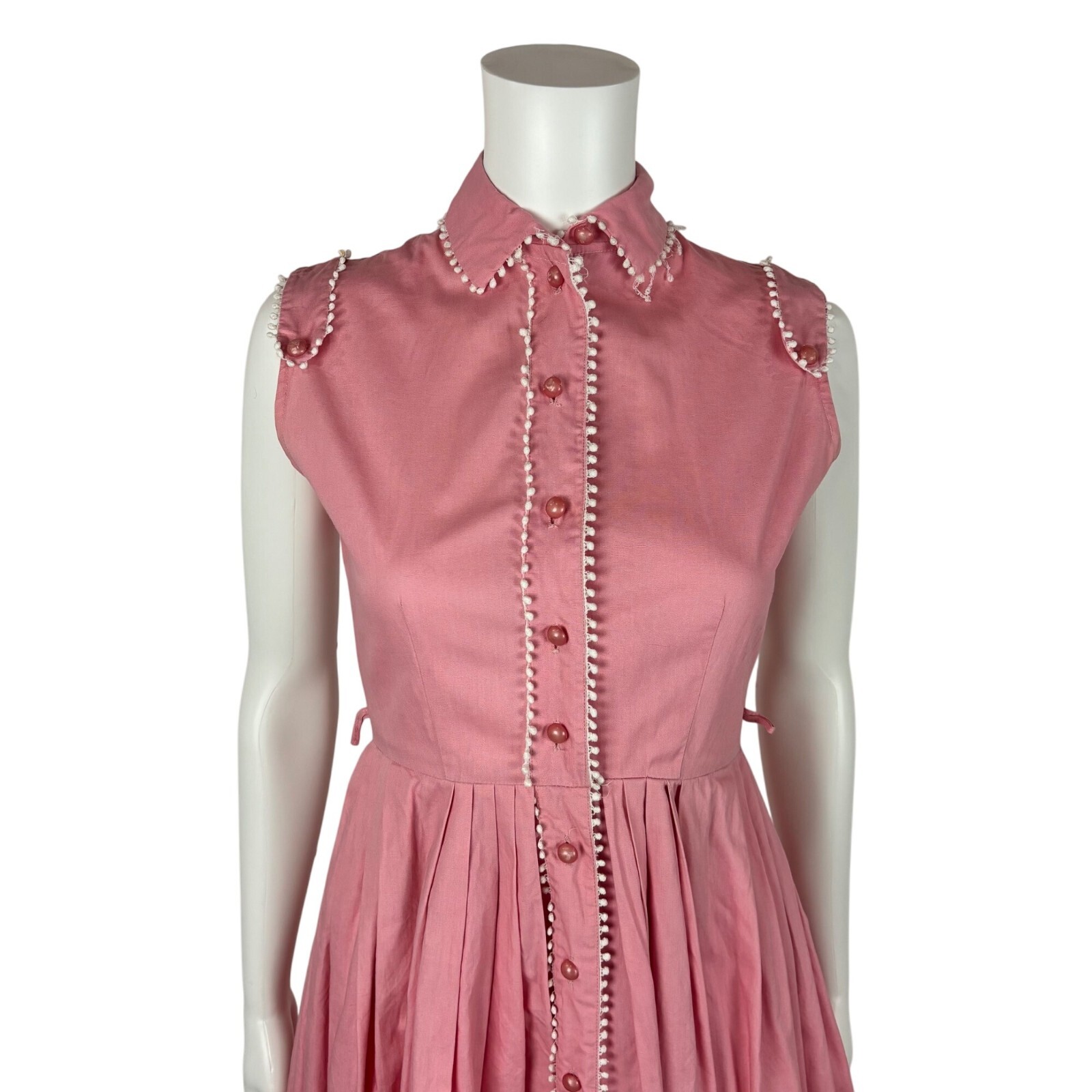 Vintage 50s Pink Shirtdress Women’s Size XXS Cotton Scallop Trim Fit & Flare