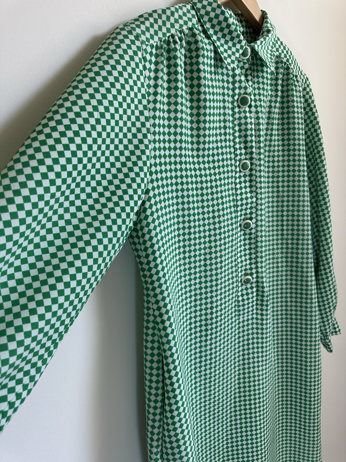 Vintage 70s Brownstone Studio Mod Shirt Dress Green Check Pockets Petite 12