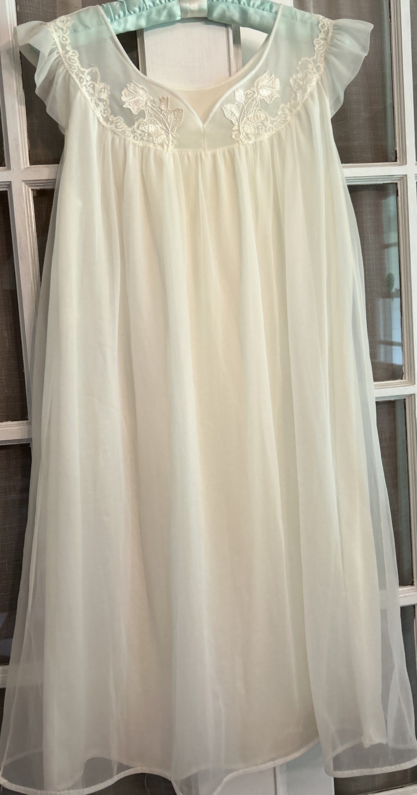 VTG 50’s Nightgown Peignoir Set Ivory Nylon Chiffon Lace Applique Coquette Sz 34