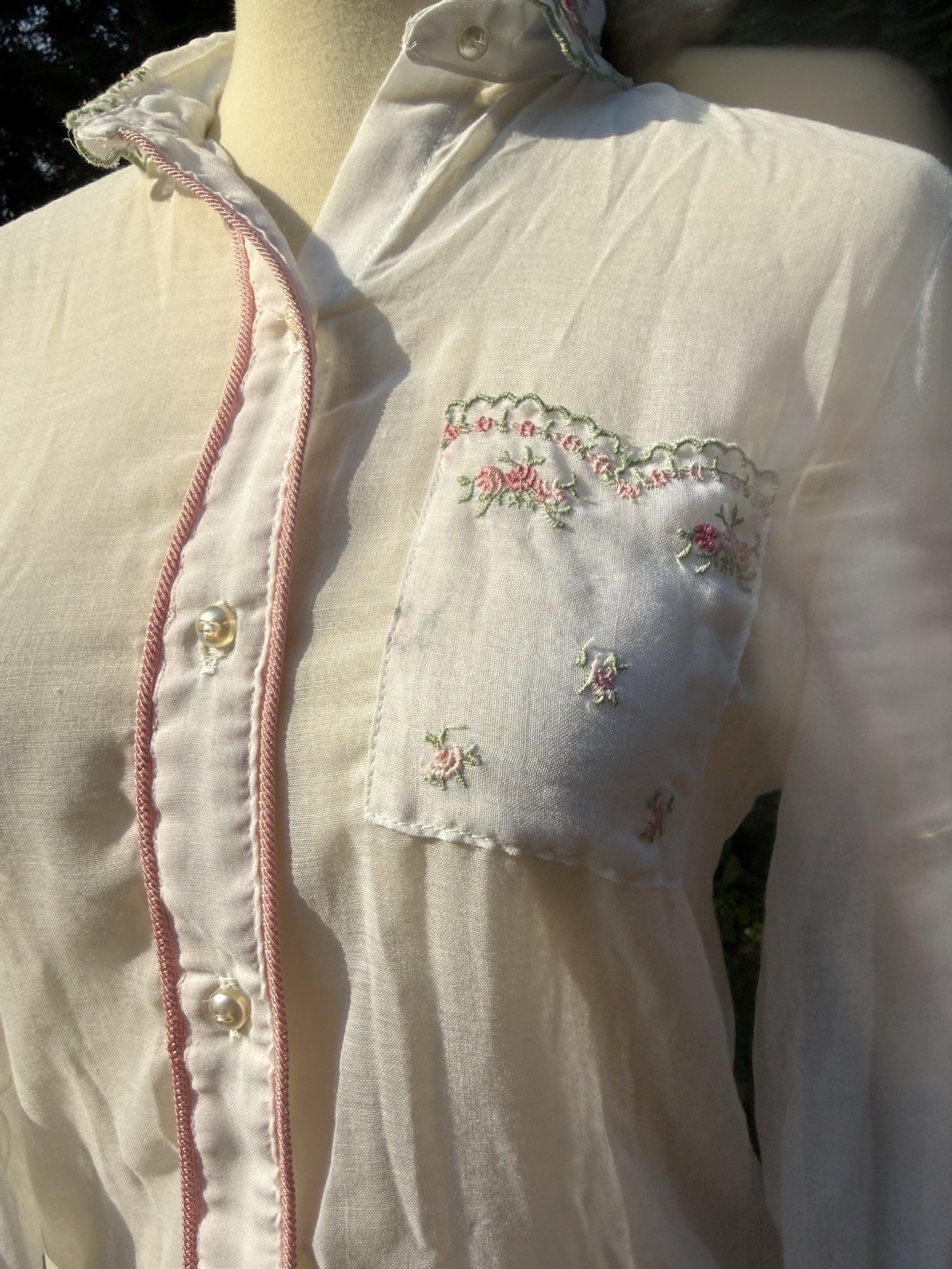 Vintage 70s Blouse Poly Cotton Semi Sheer Embroidered Cottagecore Coquette S