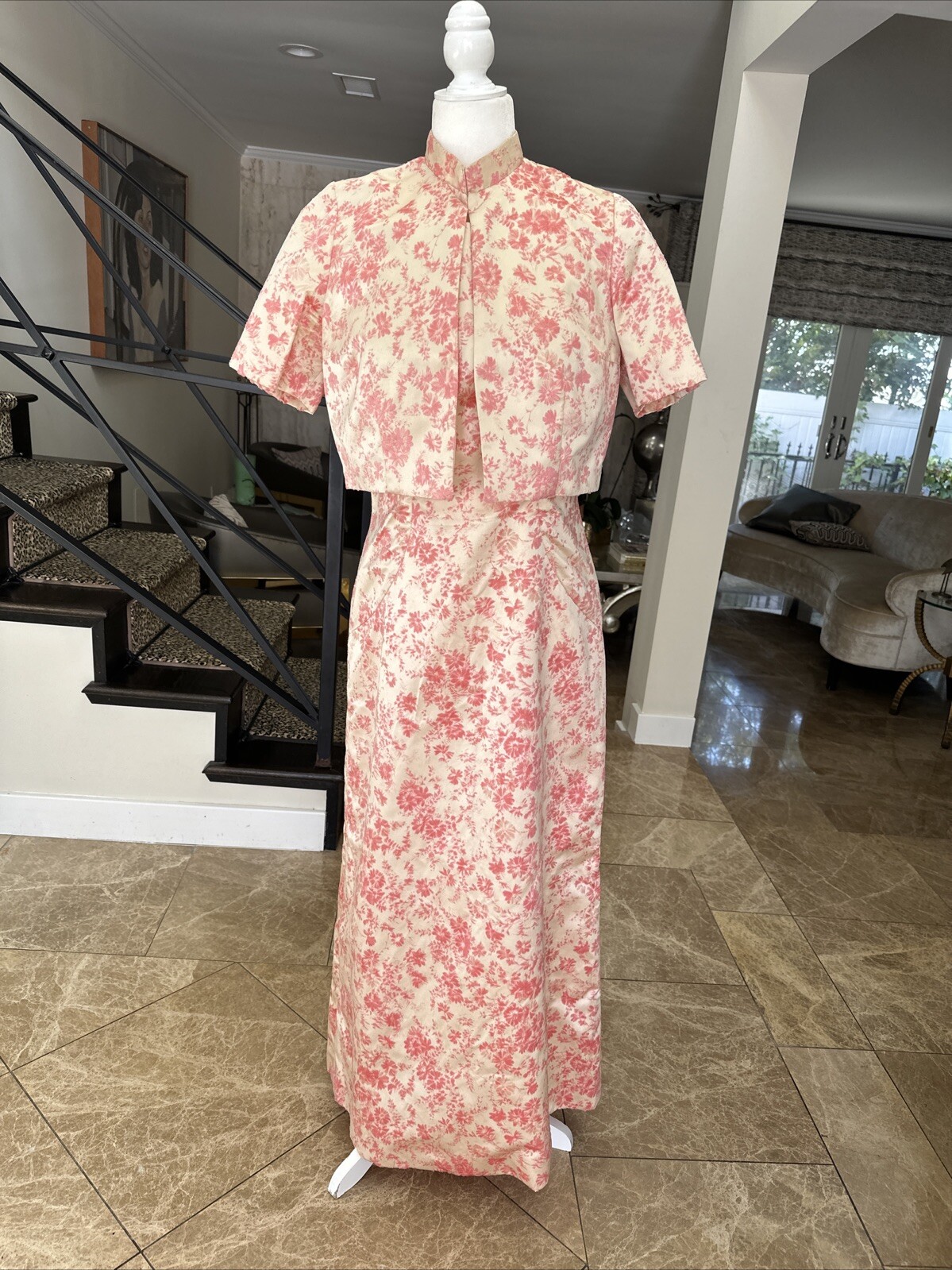 Vintage 60s Cream Satin & Pink Velvet Flocking Evening Gown With Jacket Size 6