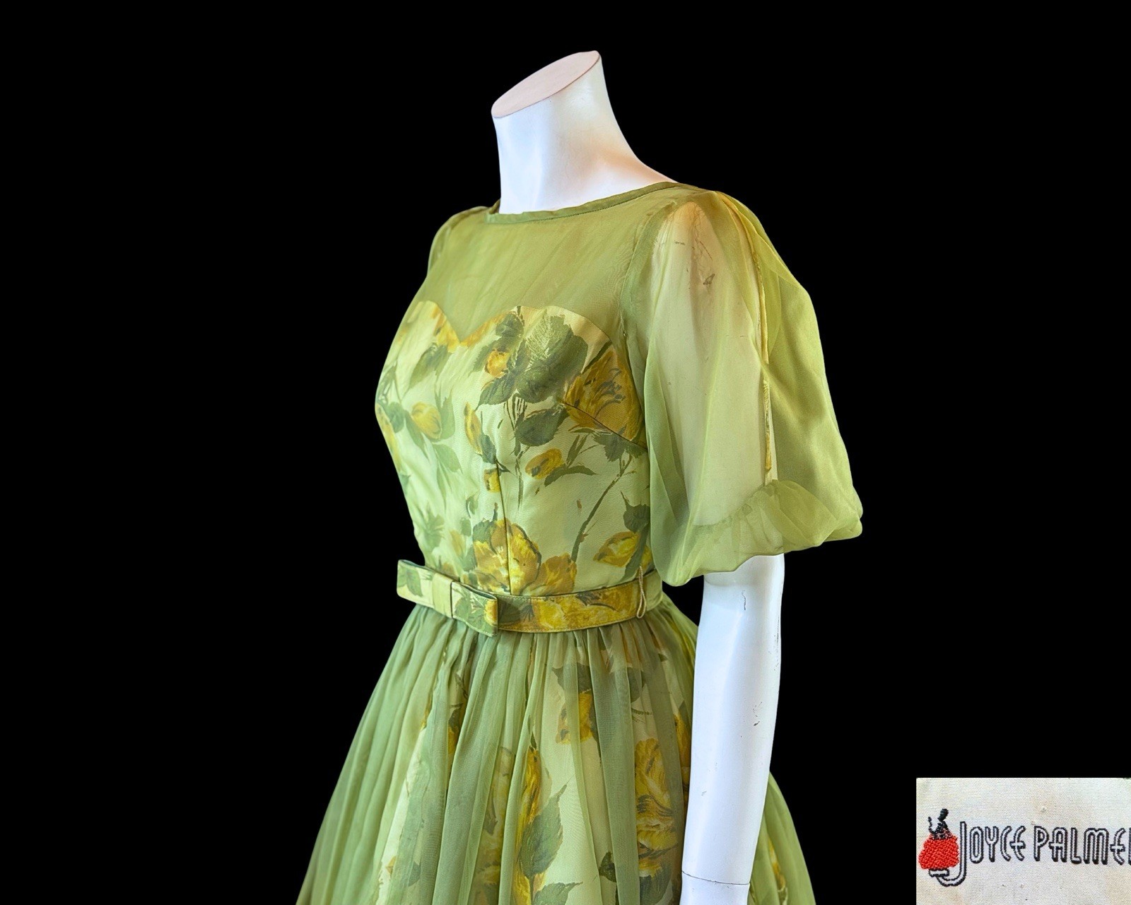 1950s Joyce Palmer Romantic Rose Floral Illusion Dress S