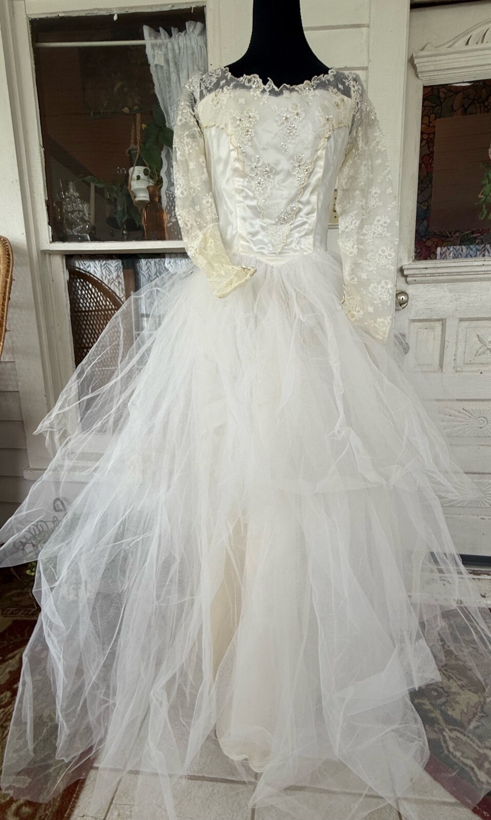 Vintage 50’s Tulle Lace Tiered Cupcake Wedding Dress Beading Sequins Sz Small