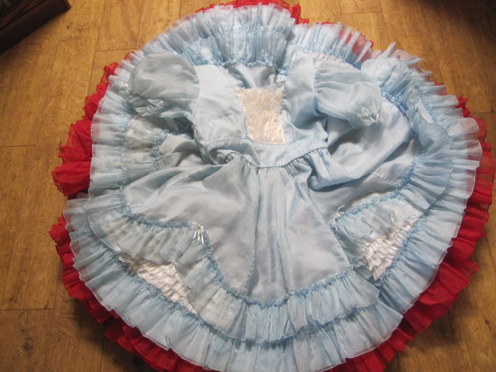 Vtg SQUARE DANCE PRAIRIE DRESS Blue Organza Ruffles Rows of White Lace Sz 12/14