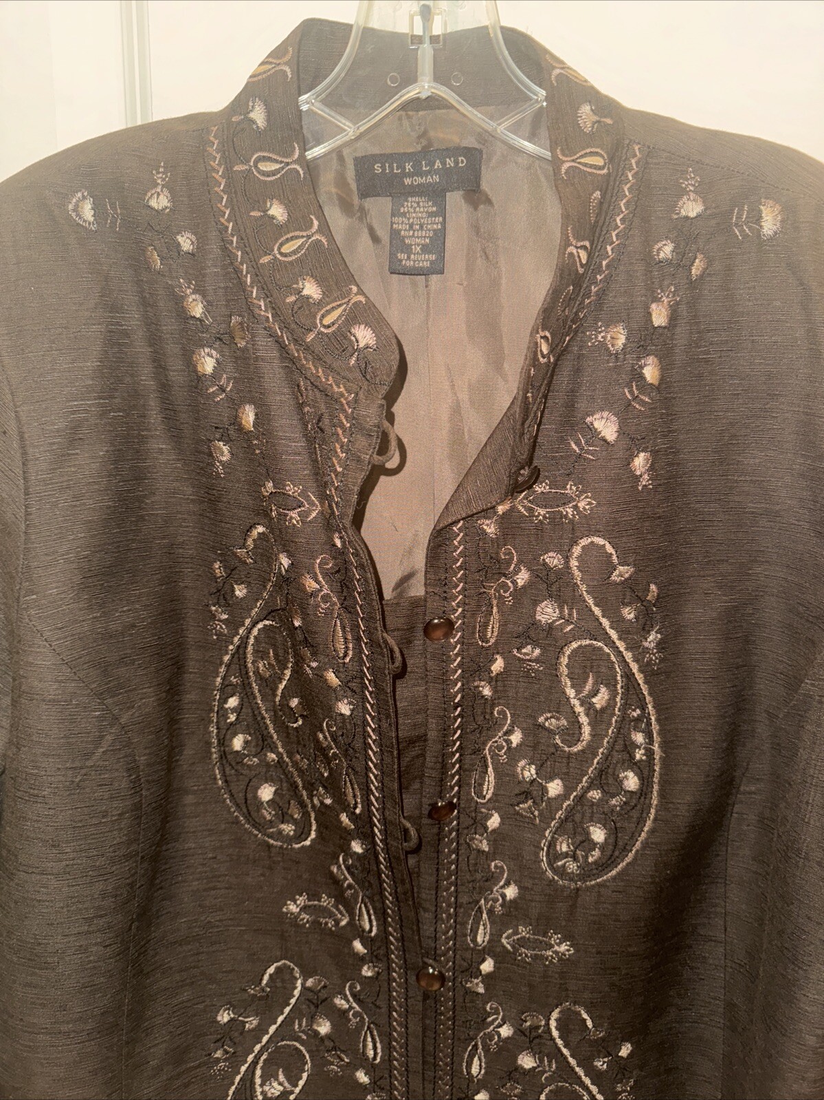 Silk Land Women’s 1X Silk/Rayon Embroidered/Beaded Brown Button Long Jacket Top