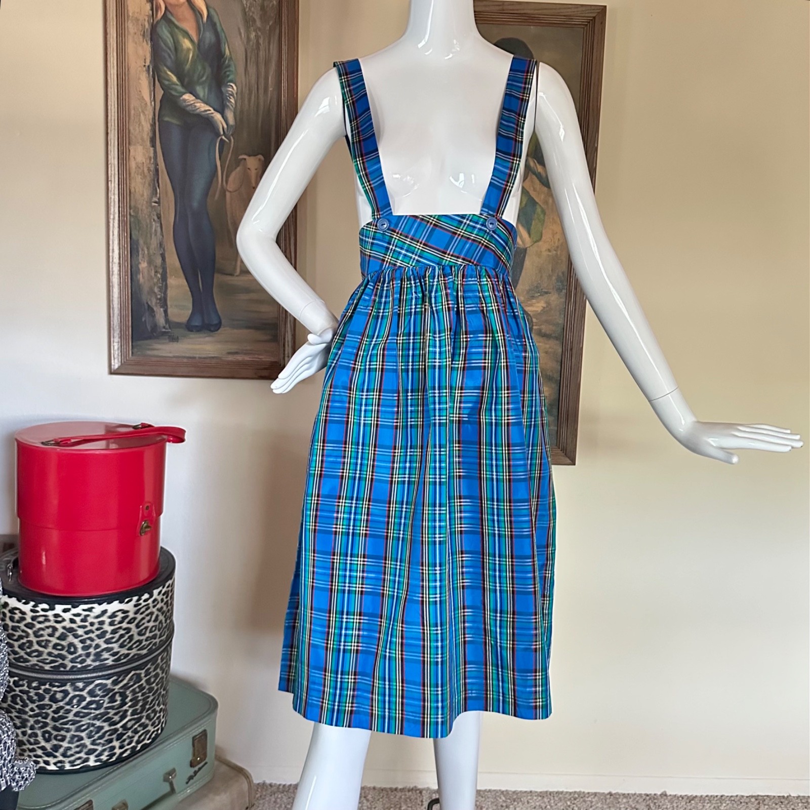 Vintage 1980s Preppy Punk School Uniform Plaid Suspender Jumper Skirt Dress S