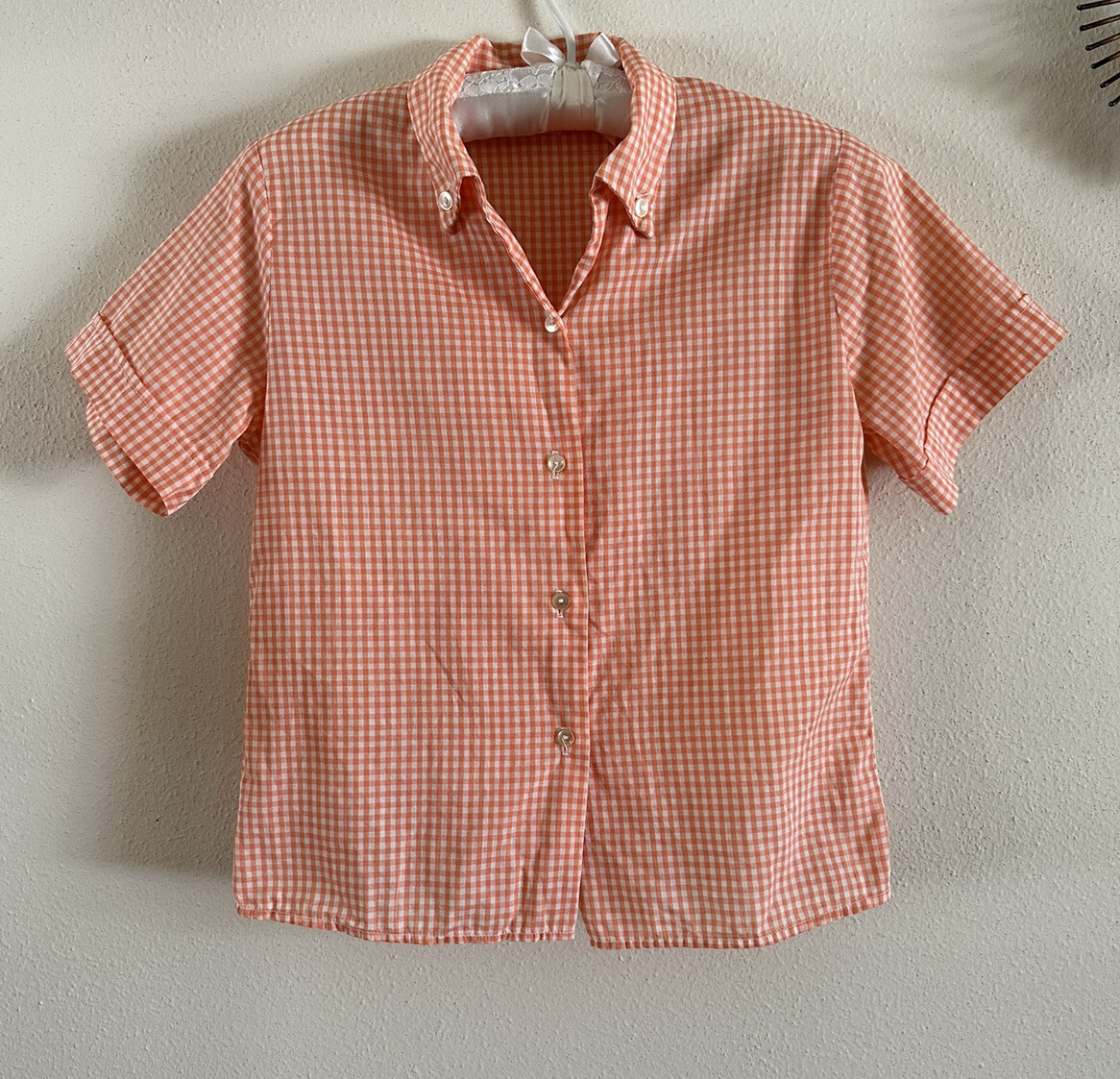 1950s Stoneswear Peach Gingham Cotton Blouse Top Shirt Western Workwear Farm VTG