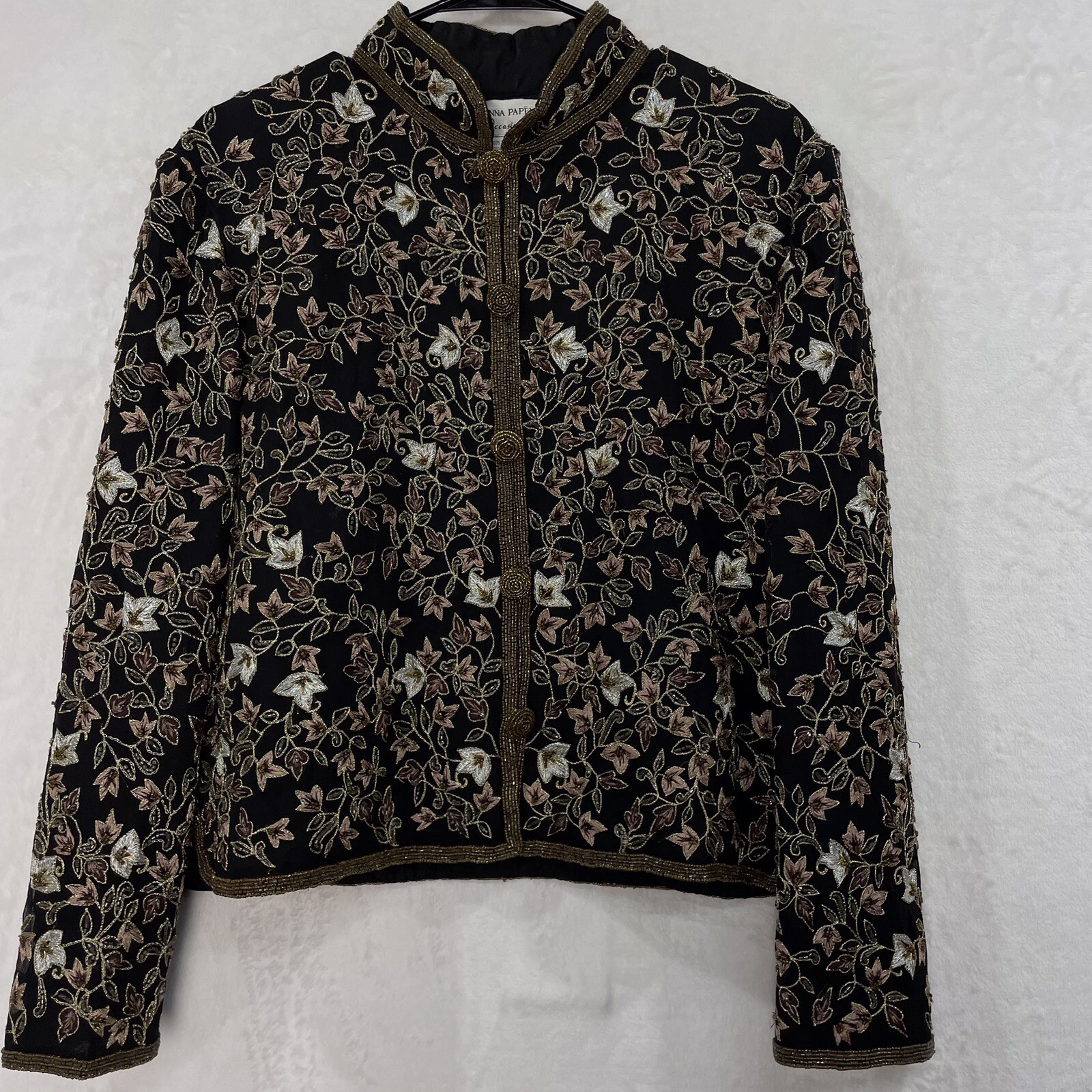 VTG Adrianna Papell Evening Silk Beaded Embroidered Jacket 16 Black Silver Gold