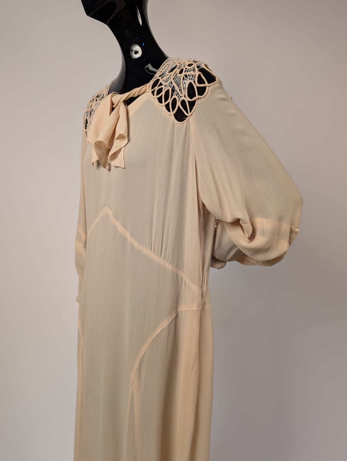 PEGGY DARE – PARAMOUNT DRESS CO LATE 1920’S CHIFFON DRESS W HAND MADE LACE TOP