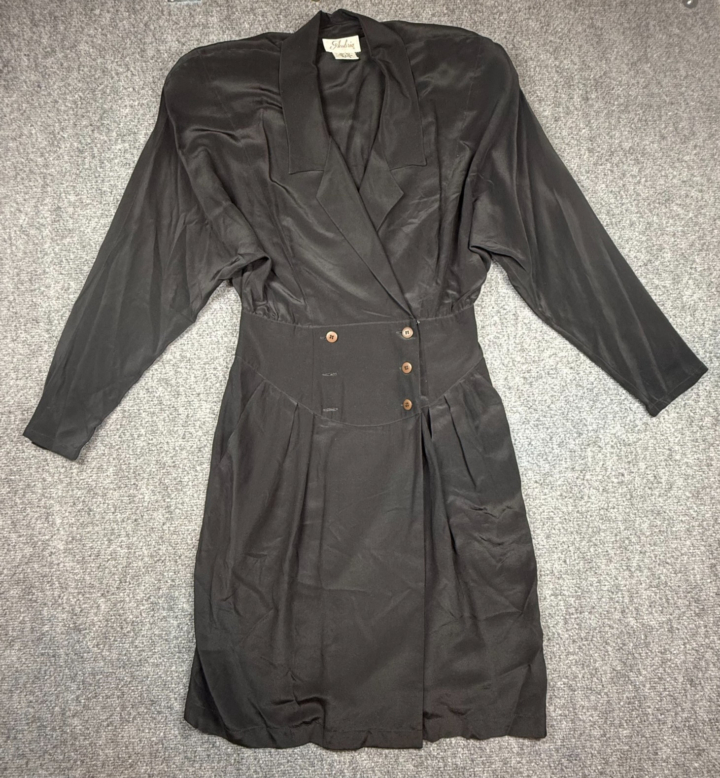 90s Ambria Silk Belted Dress Modesty Midi Length Black Size 6 Vintage 1990s
