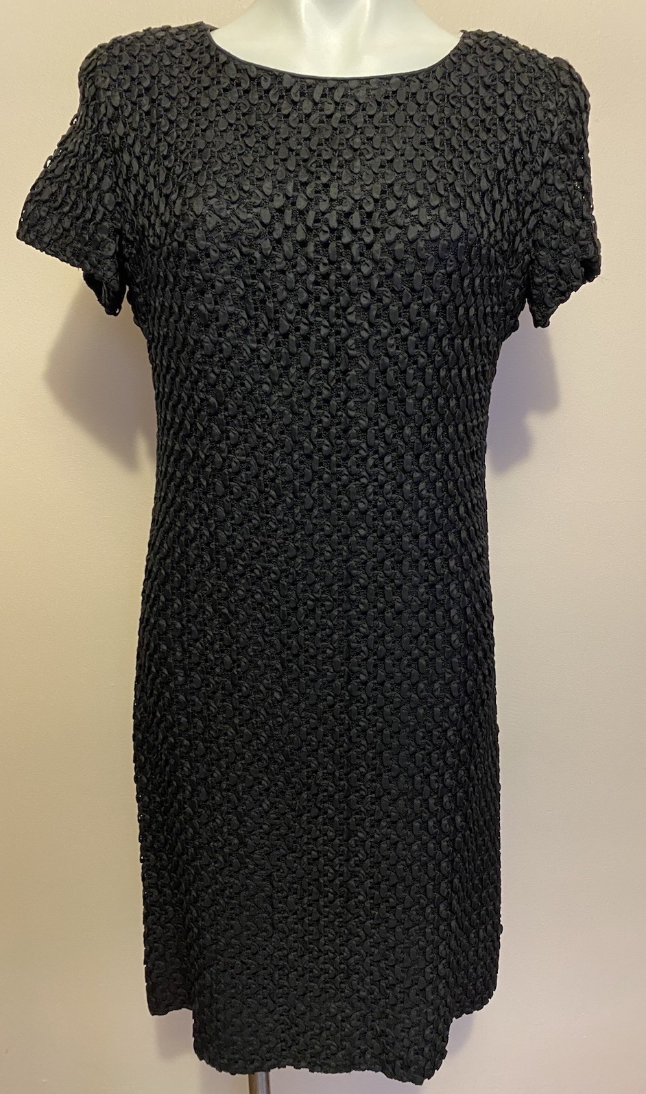 VTG 1960S Black Short Sleeve Twisted Ribbon Crochet Mesh Sheath Dress
