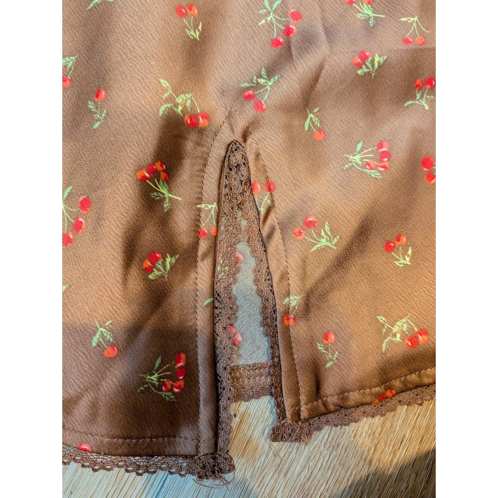 🍒 90s Style Cherry Print Babydoll Slip Dress Coquette Lace Trim Going Out Dress