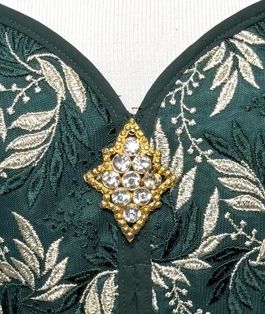 Vtg 90s Formal Gown M Embroidery Bodice Rhinestone Brooch Emerald Green Occasion
