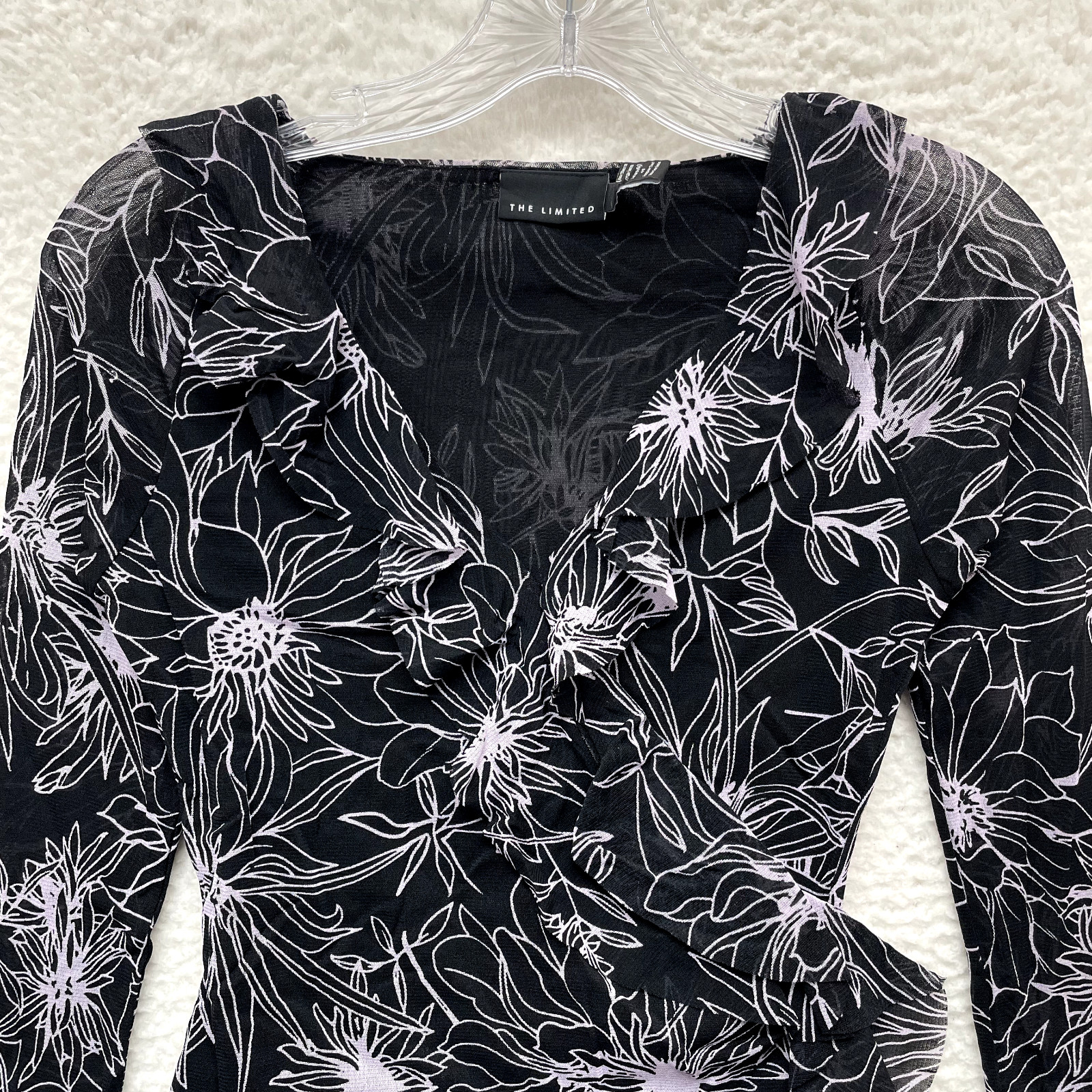 Y2K Vintage Mesh Top Small Black Floral Boho Fairy Grunge Corpcore Office