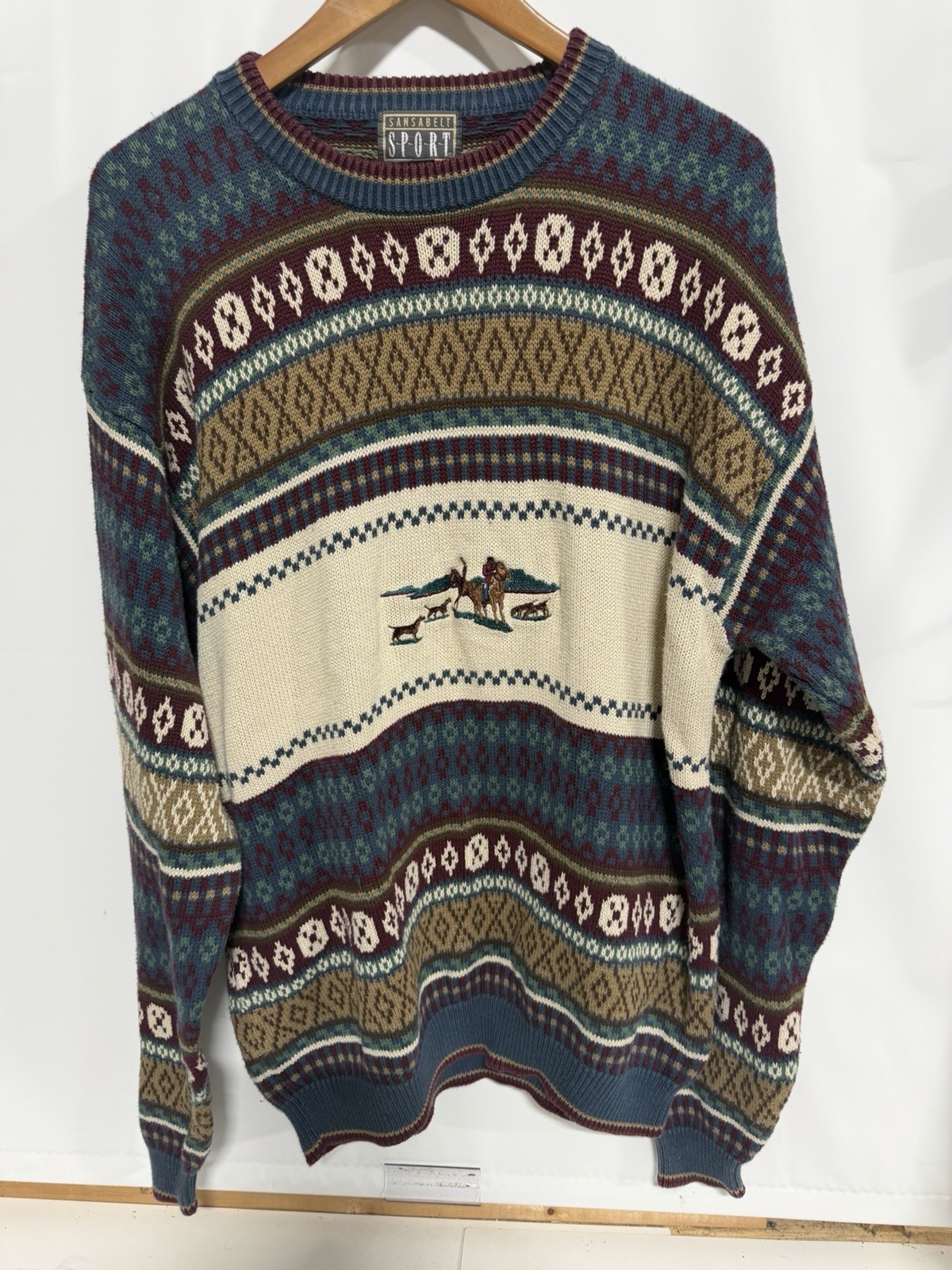 Vintage 80s 90s Equestrian Sweater Horse Hunting Dogs Sz XL Fast Shipping
