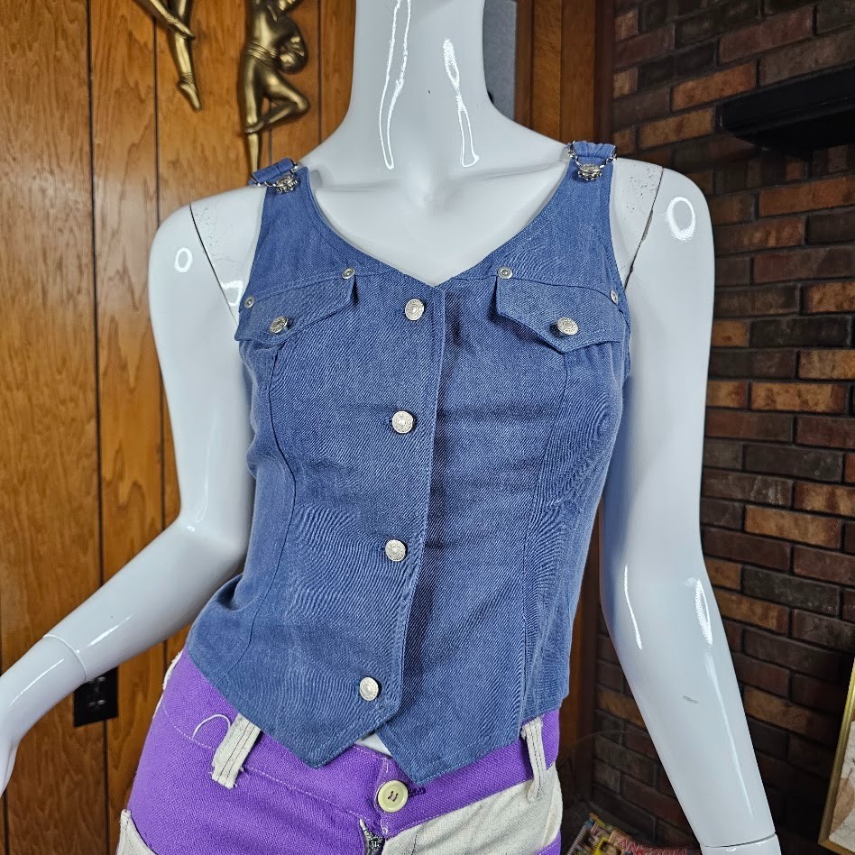 Vtg 90s do 70s Cowgirl Renaissance Western Chambray Denim Vest Hillbilly Top XS