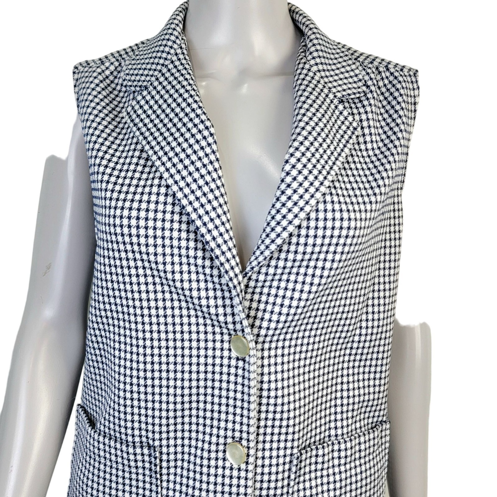 Vintage 70s Vest Jacket Women Medium 8 10 White Blue Top Collar Gingham Retro M