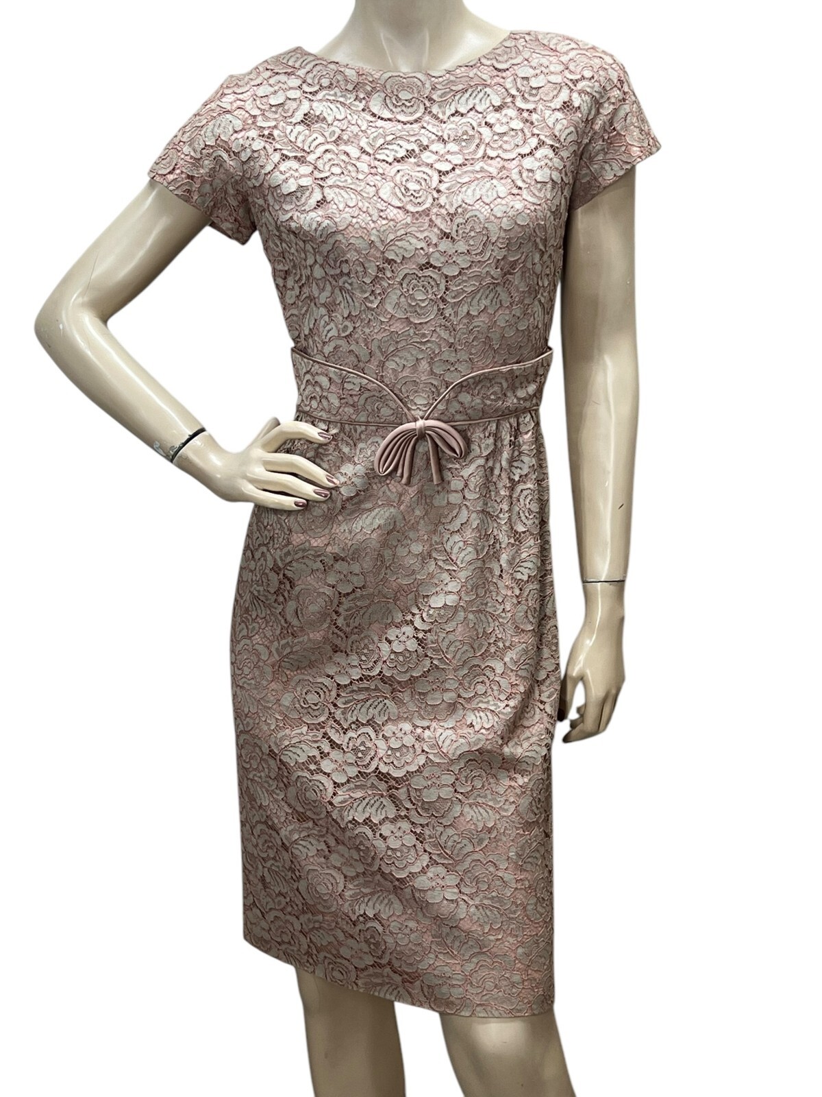 Sz S Vtg 50s Pencil Skirt Dress Dusty Pink Taupe Lace Cocktail Party Wedding MOB