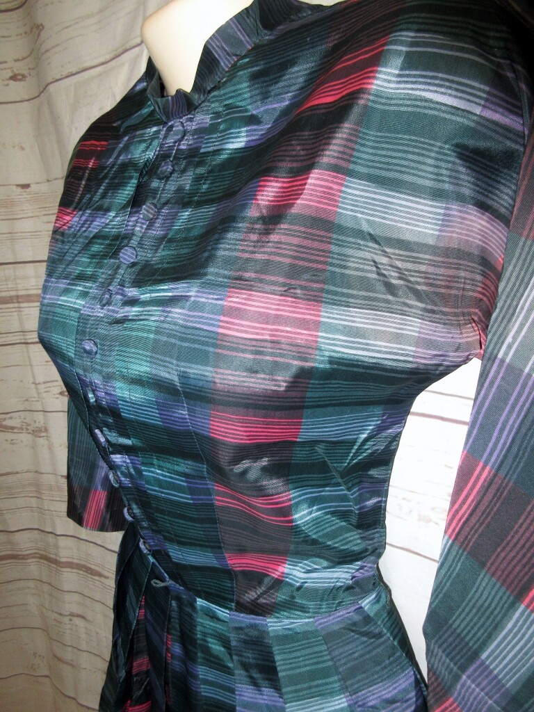 VTG 50’s Jonathan Logan Dress Rockabilly Satin Stripe Pleated 11 32/24/36 Plaid