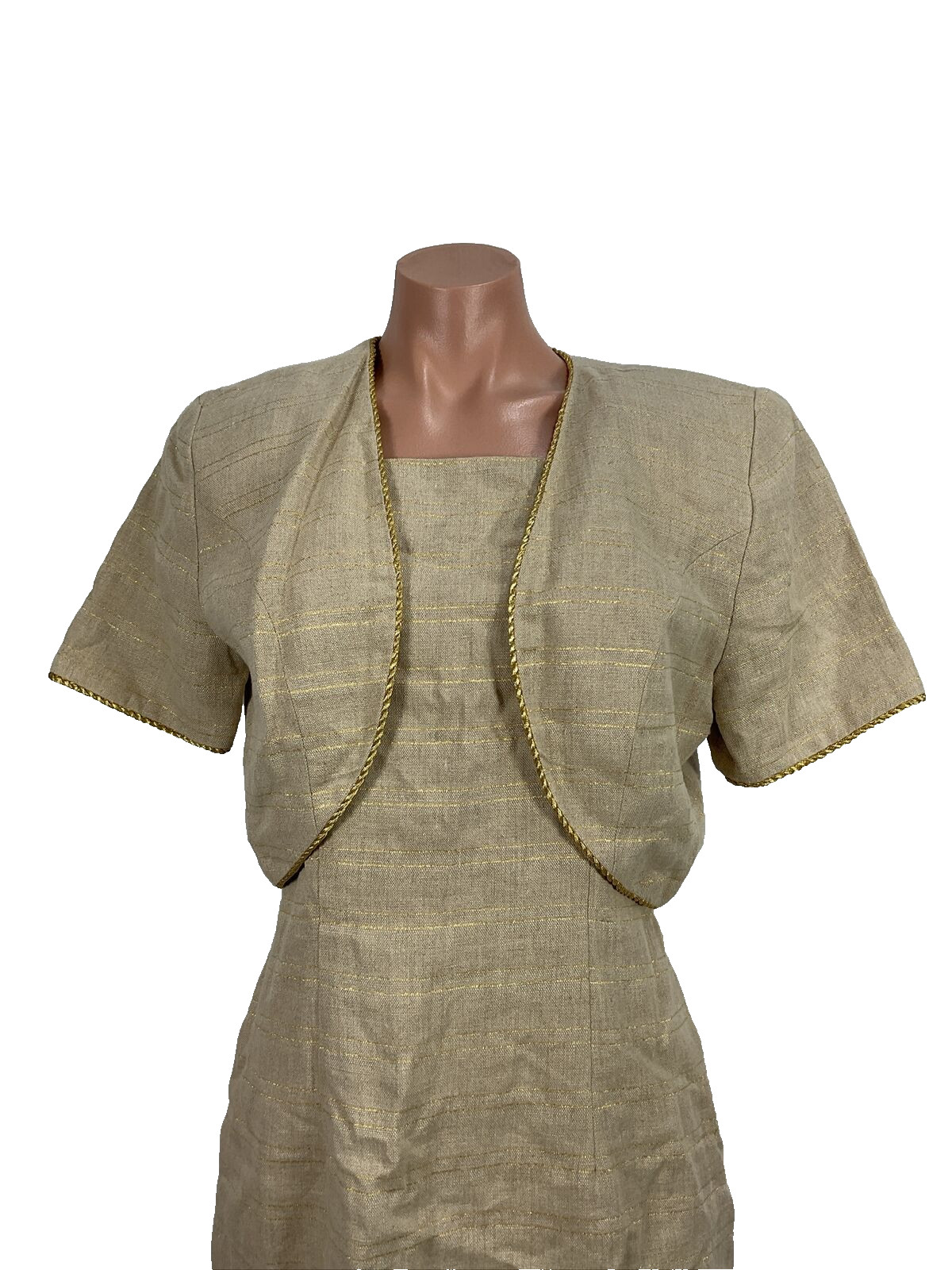 Vintage Althuser Sleeveless Sheath Dress Suit sz 8 Gold Beige Jacket