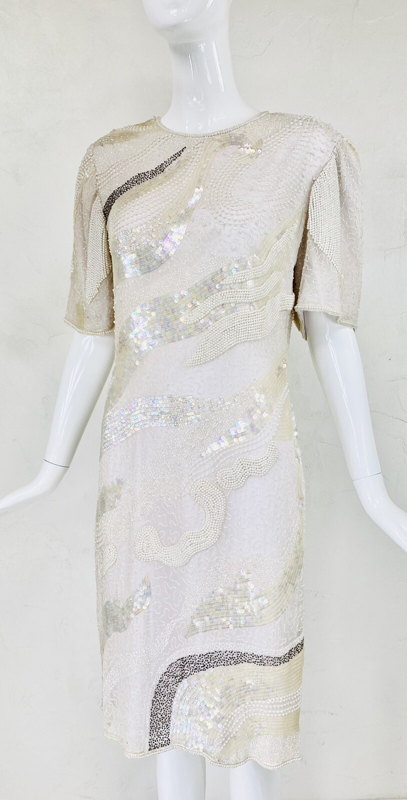 Vtg MODI Off White Champagne Silk Bead Sequin Evening Cocktail Wedding Dress, S