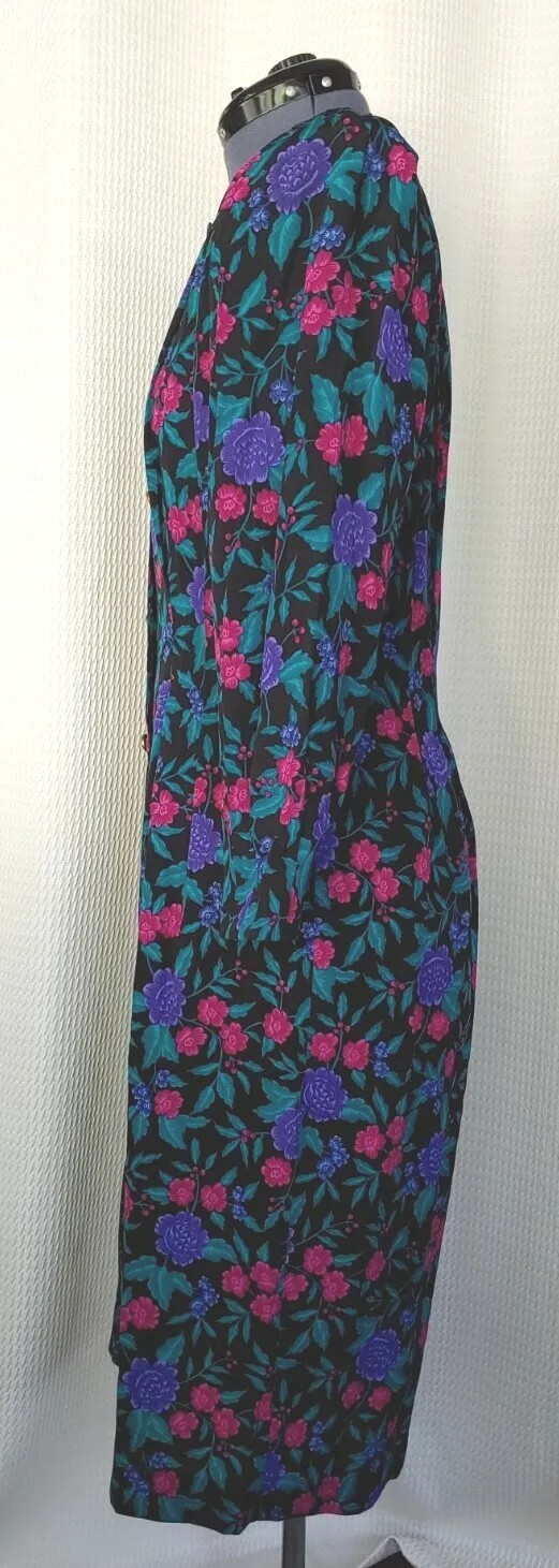 Vintage Andrew Harvey Fitted Black Dress with Pink/Purple/Teal Florals Size 8