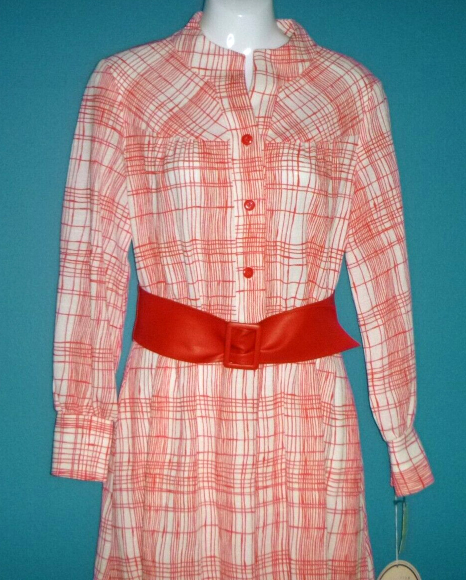 NWT Vtg 70s Discovery I Red White Plaid Poly Maxi Dress W/ WIDE Belt Sz 12 NOS