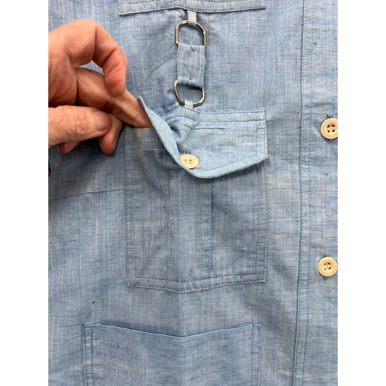 Vintage Hand Woven Cotton Safari Shirt Light Blue D-Ring Utility Jacket Size 12