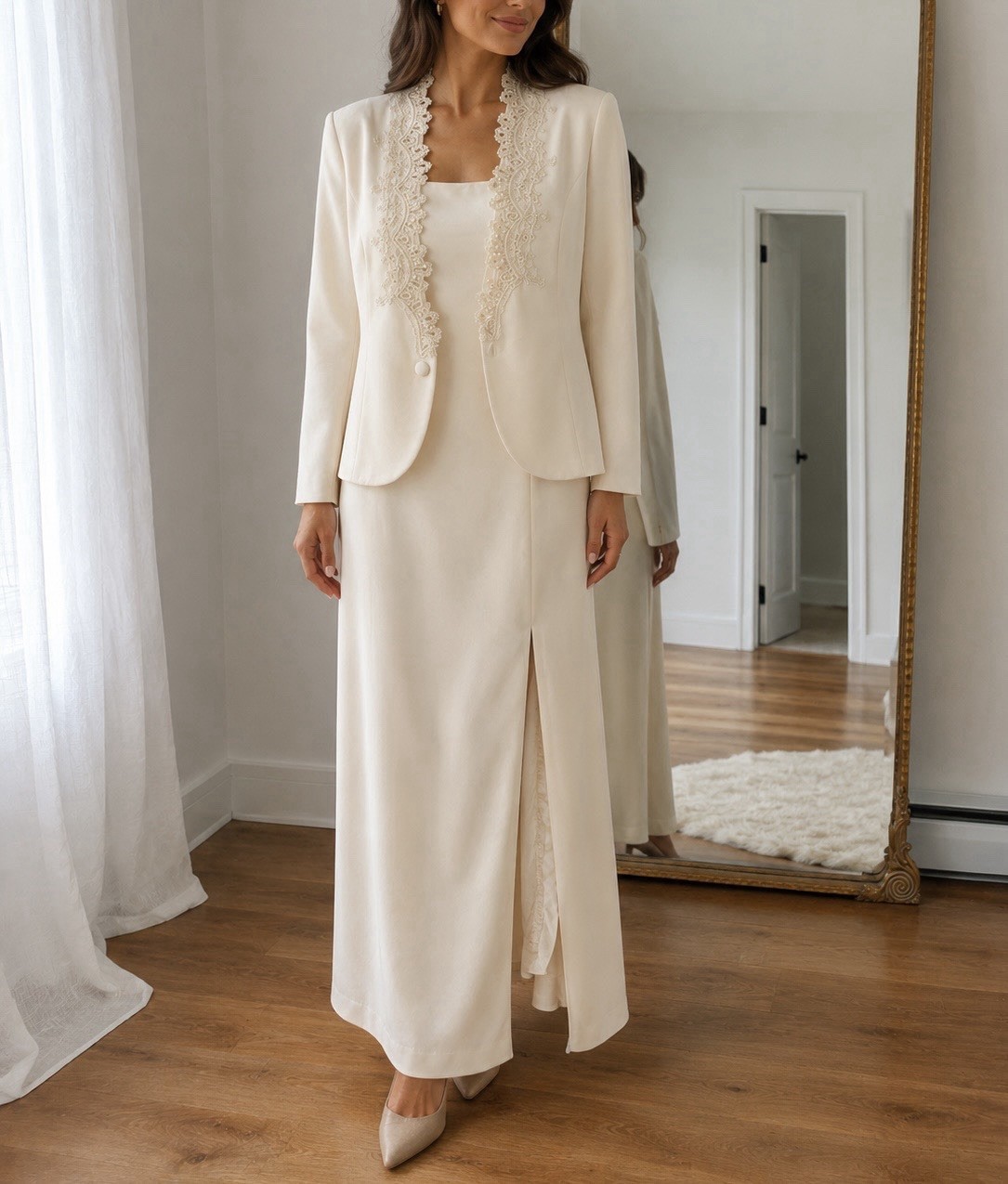 Vintage Ivory Embellished Maxi Dress & Jacket Set Size XL-XXL Elegant Formal
