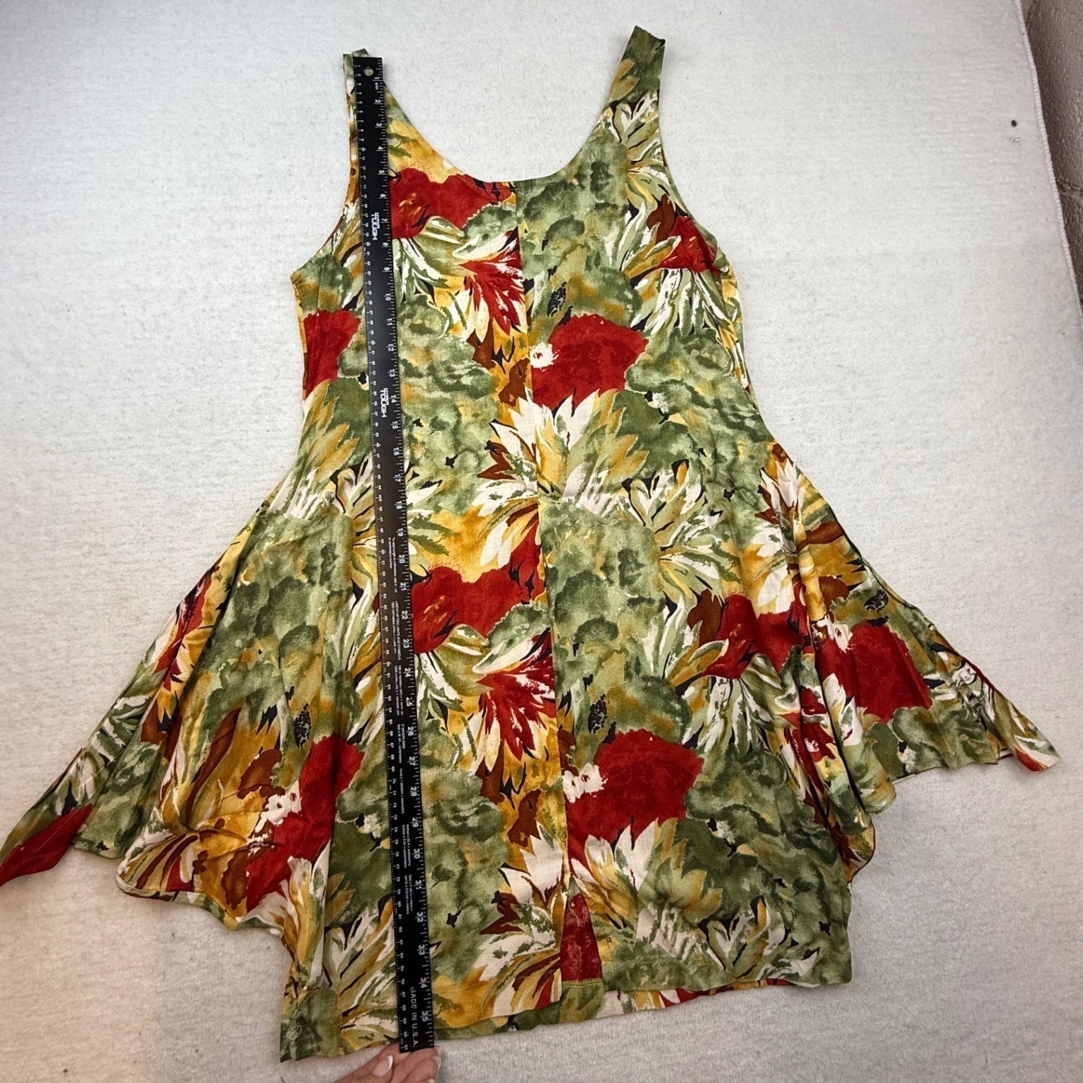 VTG La Belle Dress Floral Sleeveless Handkerchief Hem L USA 90s unique boho