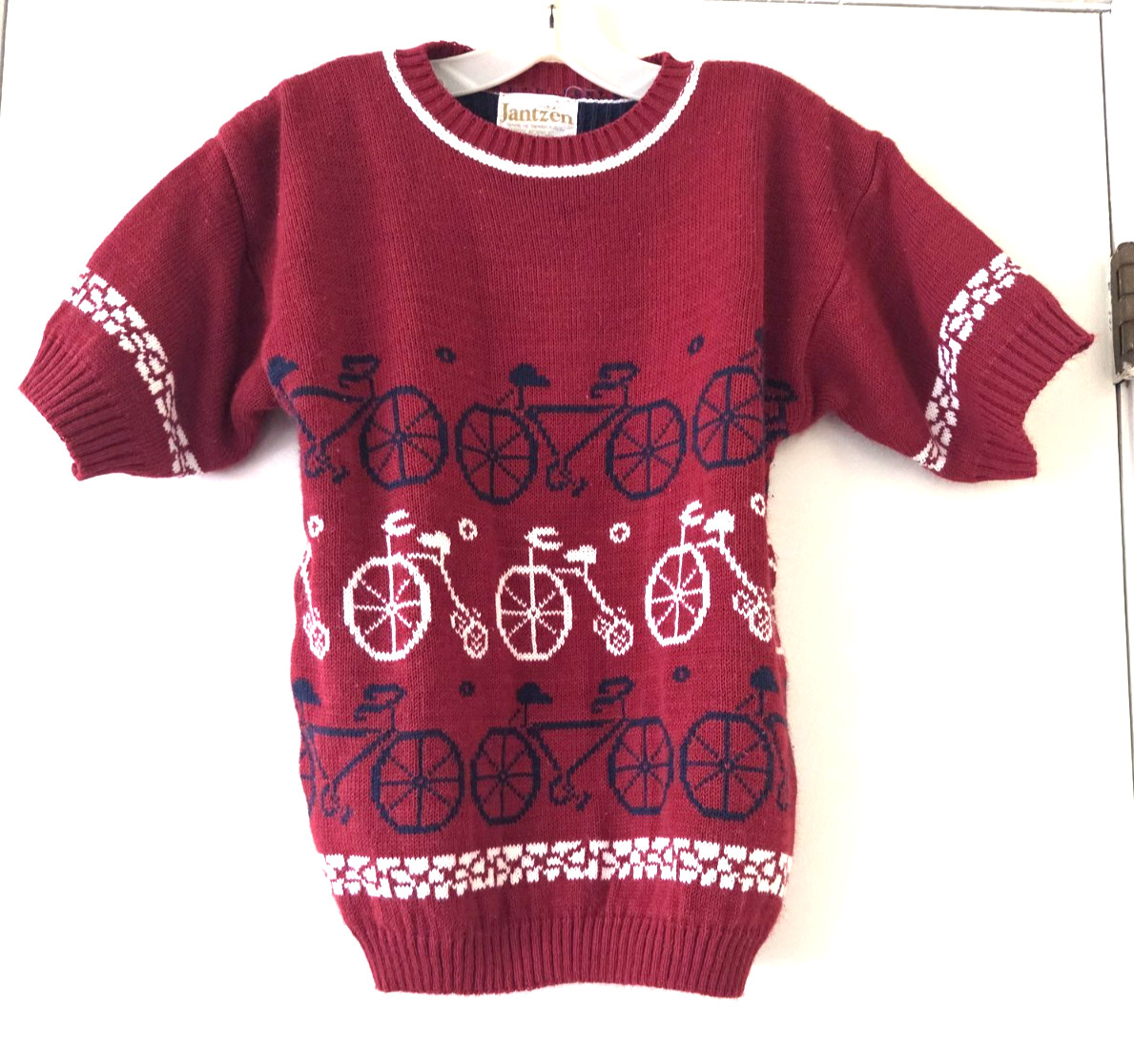 Vintage 80s JANTZEN Women Sweater Red Novelty Knit Bike Bicycle Short Sleeves