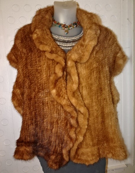 Genuine Knit Mink Fur Stole W/ Ruffles Shrug Shawl Wrap Hook Closure 68×15 S/O