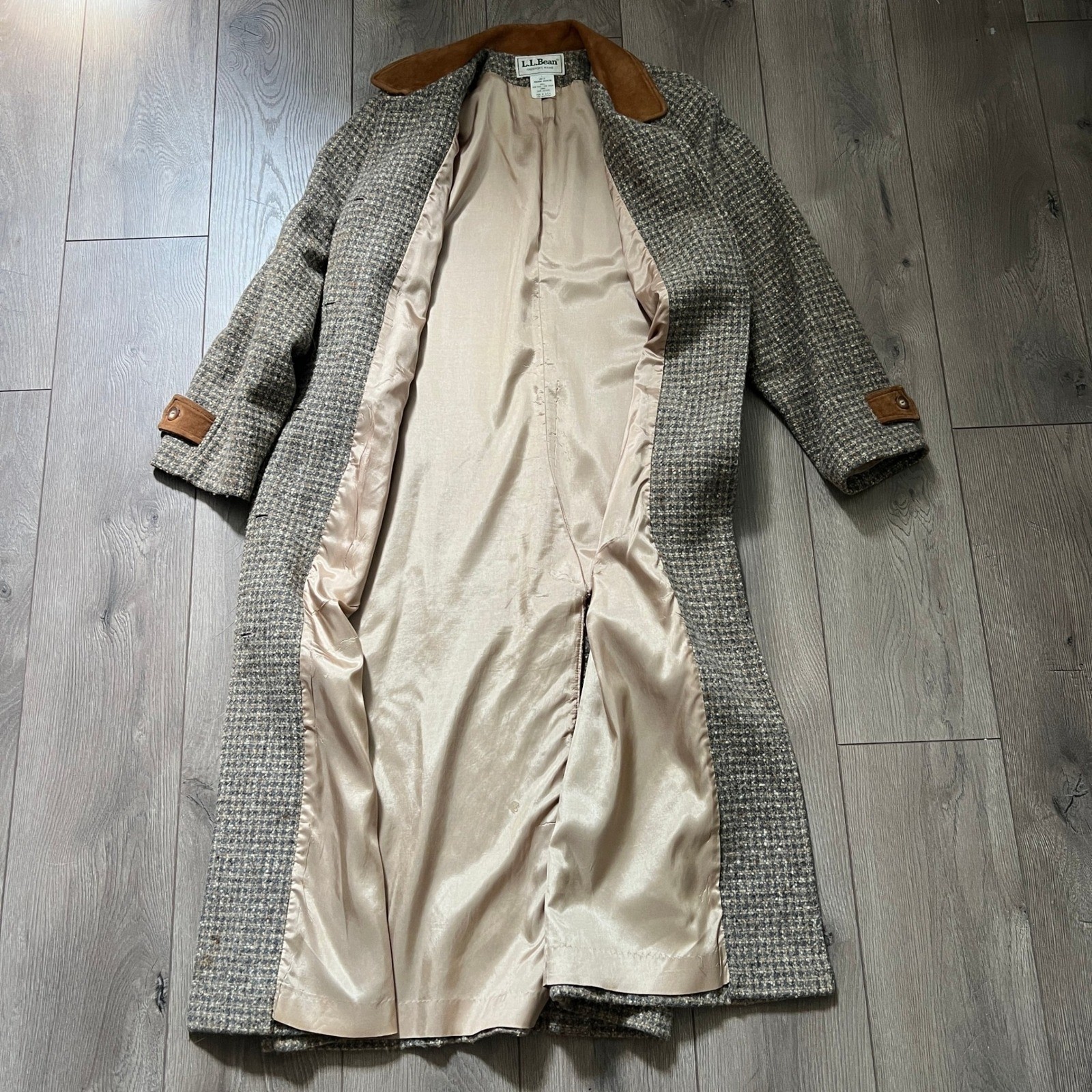 Vintage 1980s LL Bean Tweed Wool Trench Coat Brown Suede Womens Large