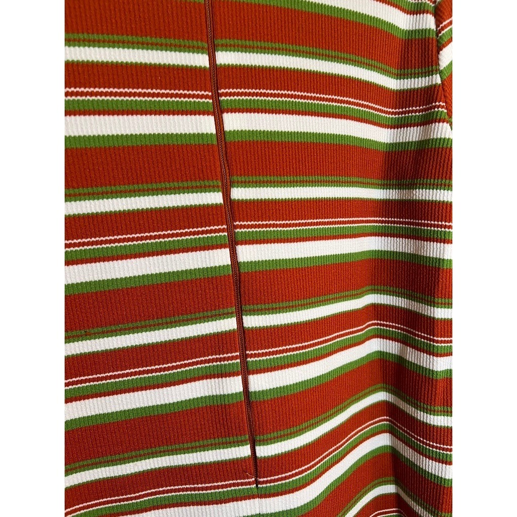 Vintage Mock Turtleneck Top M Striped 1970s Zip Ribbed Knit Poly Orange Green