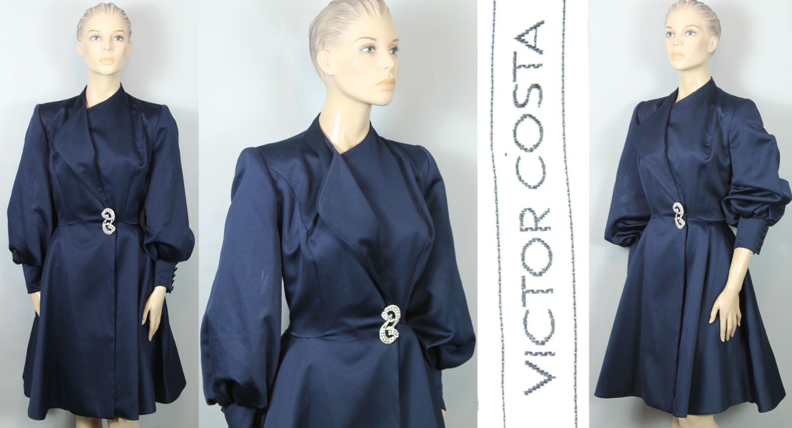 Vtg VICTOR COSTA USA Navy Fit Flare Evening Cocktail Dress w/ Crystal Pin 10