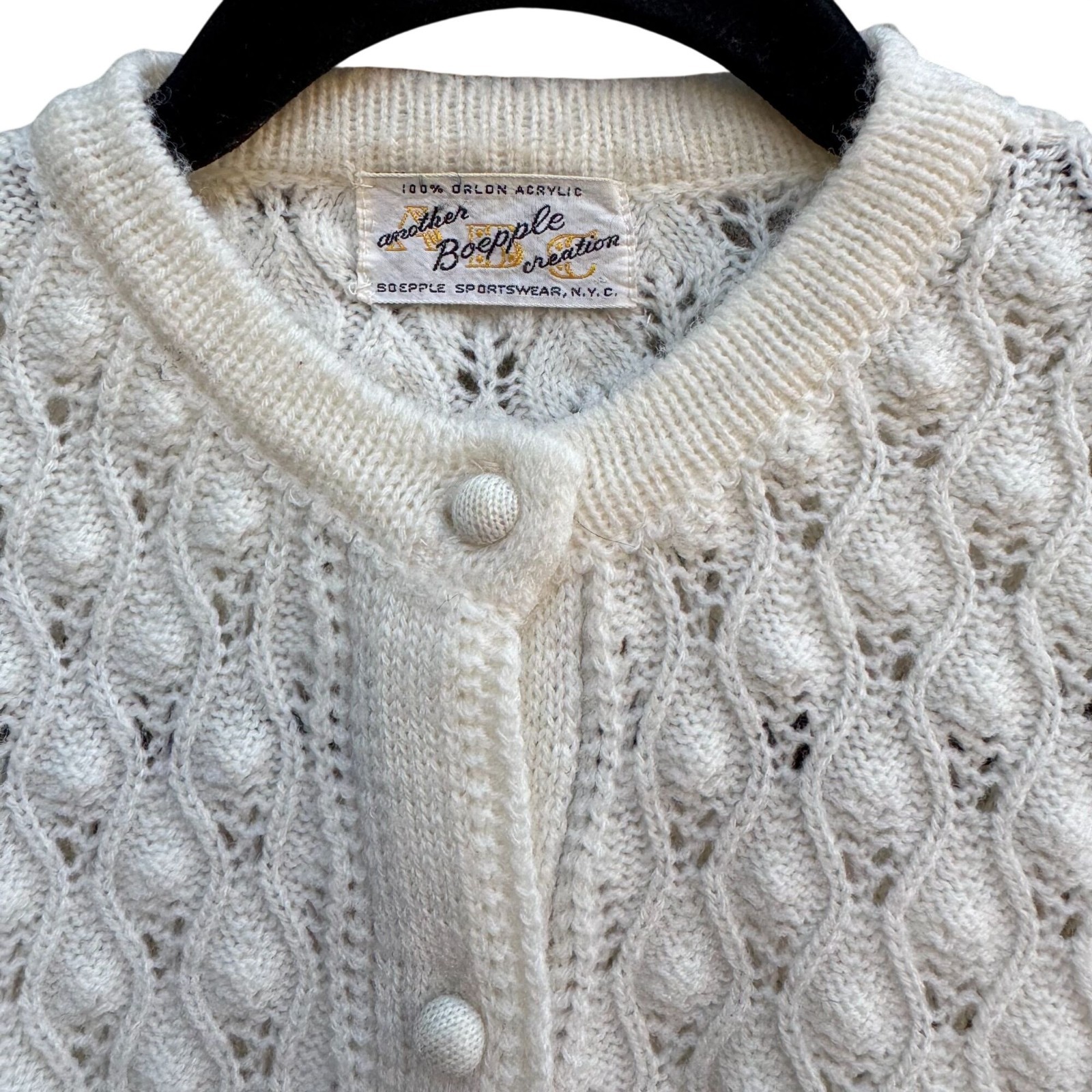 Boepple Sportswear NYC Vintage 60s 70s White Cable Knit Granny Cardigan Sweater