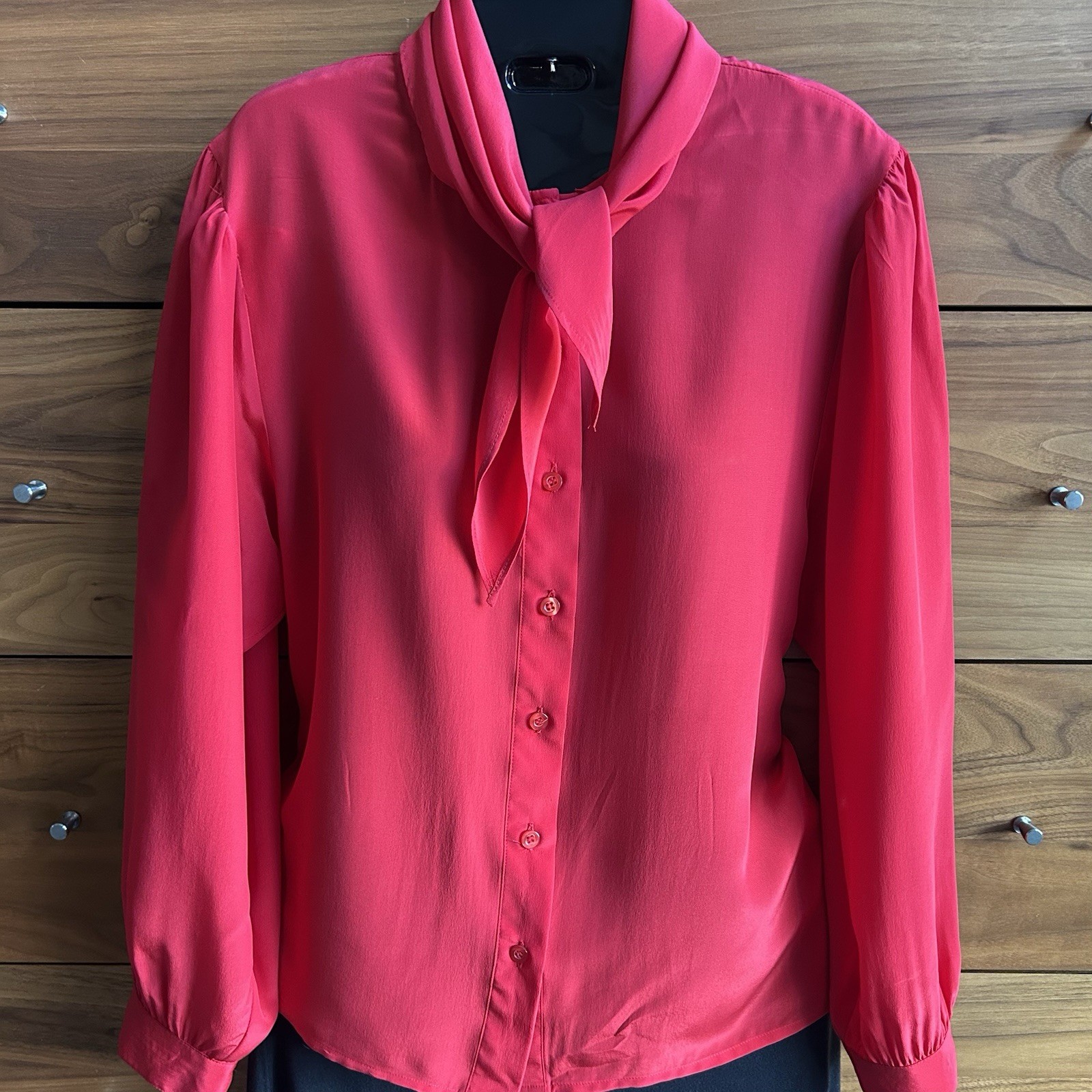 Vintage 80s 90s Silk Blouse Angela Tong RED Tie Neck Small Medium