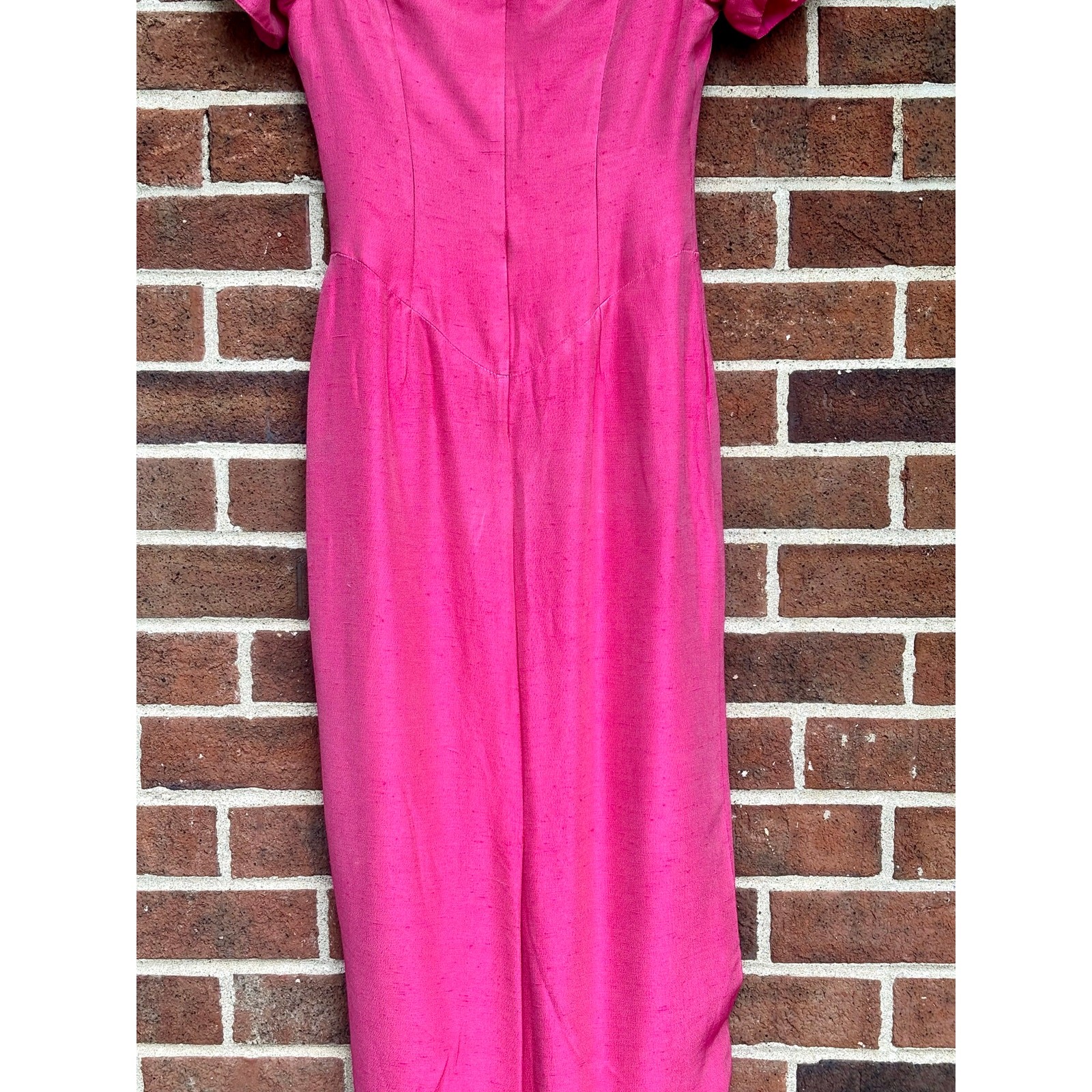 Vintage 1990s Watters Hot Pink Evening Gown Braided Neckline Midi Dress AS IS