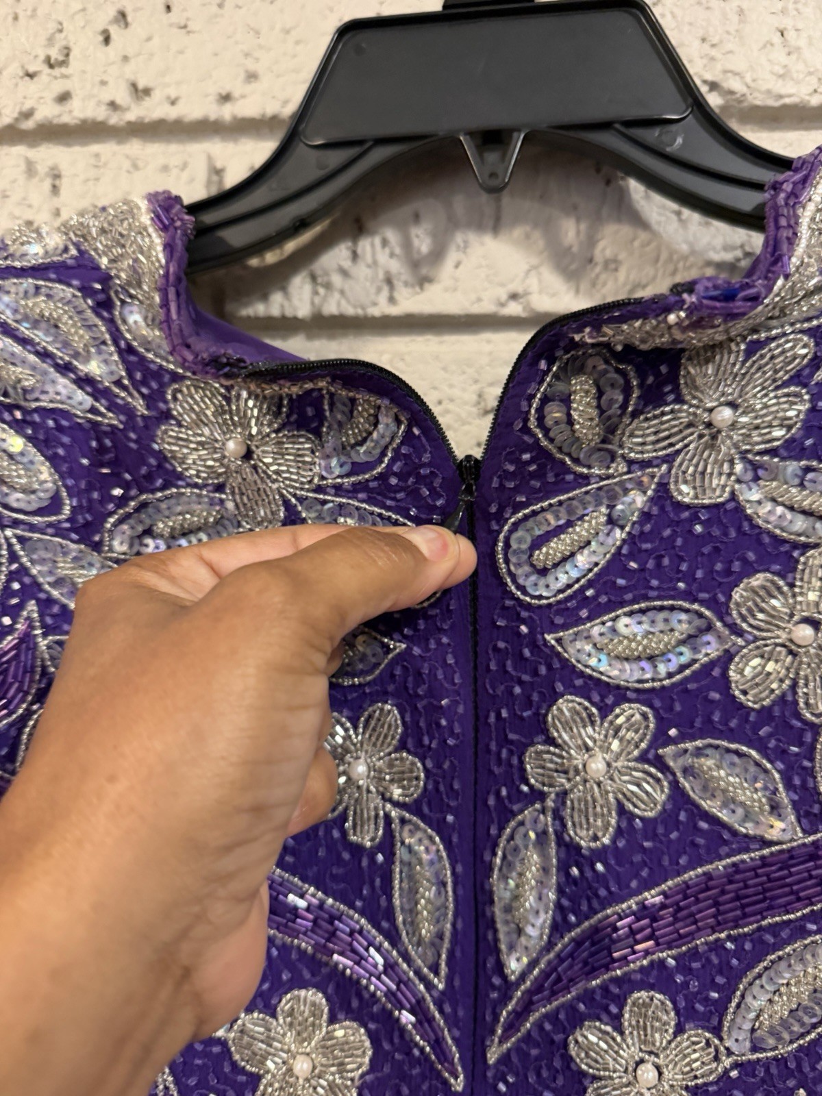 80S Vintage Sequin Imports 100% Silk Purple And Silver Beaded Ball Gown. READ