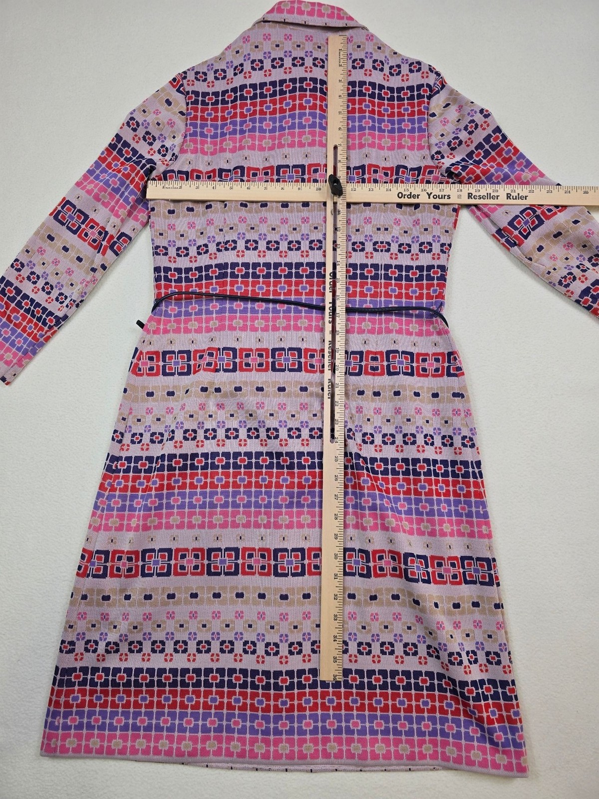 Vintage 60s 70s Kay Windsor S/M Long-Sleeve Belted Geometric Pattern Dress