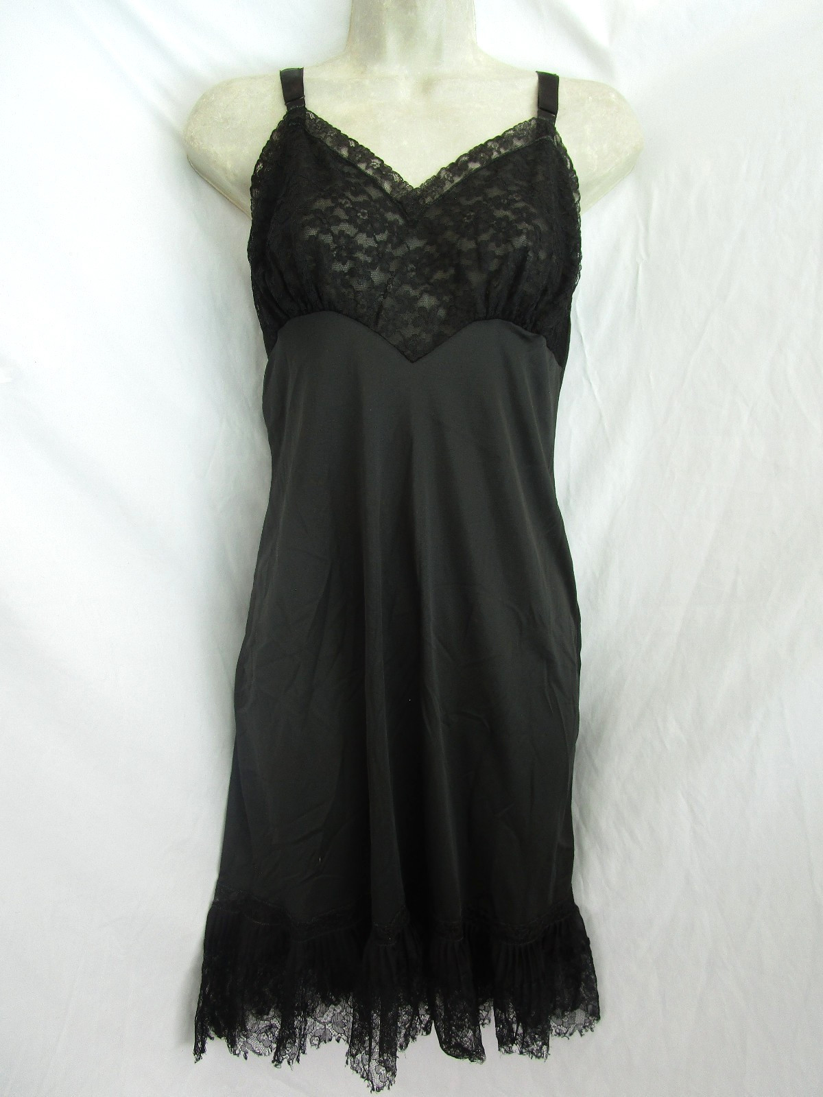 Vtg 60s Seamprufe Black Nylon Lacy Dress Slip Chiffon Pleats Floral Lace Bust 36